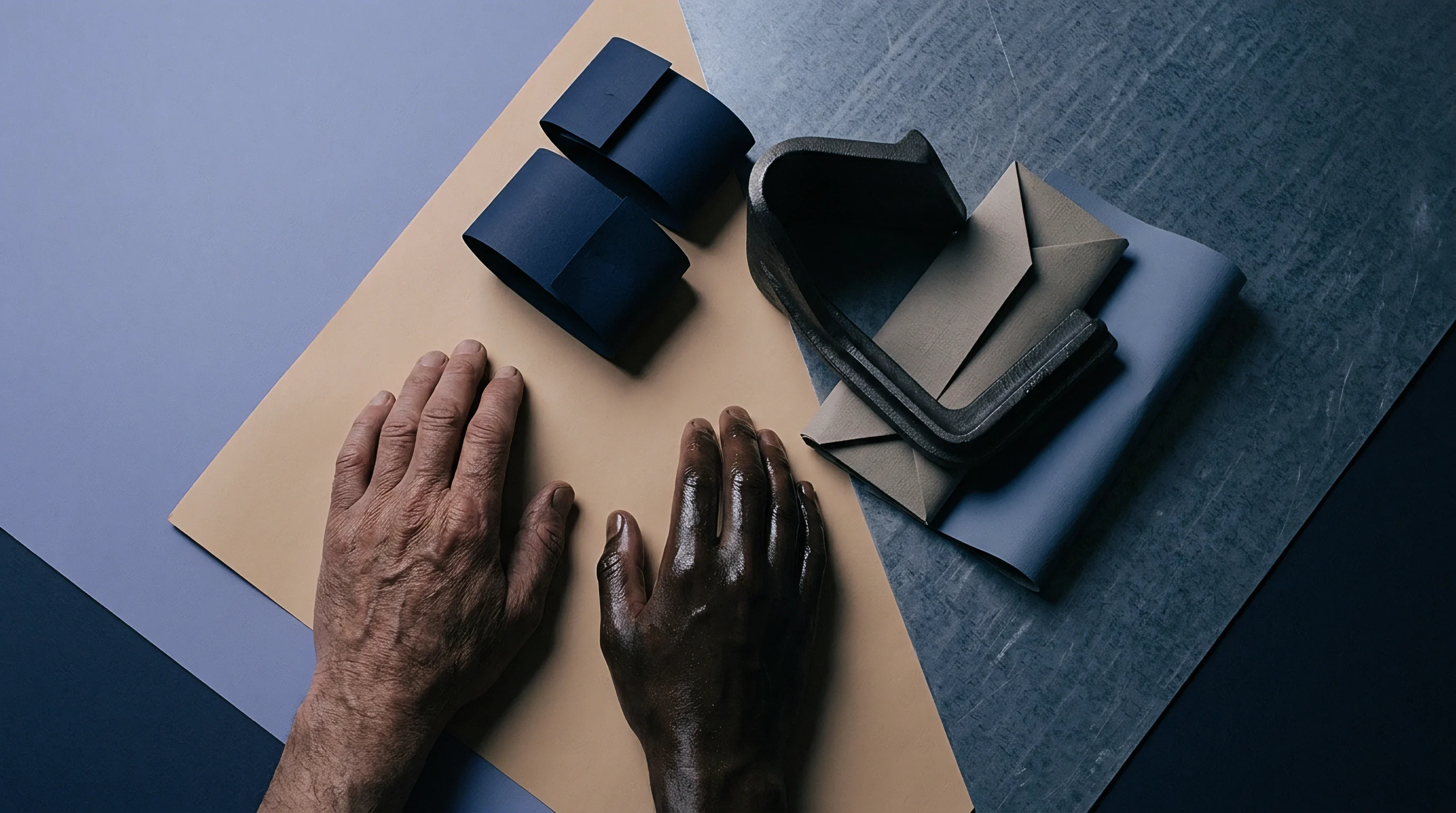 Two hands rest upon a textured beige sheet beside blue folded substrate strips and a dark geometric component.