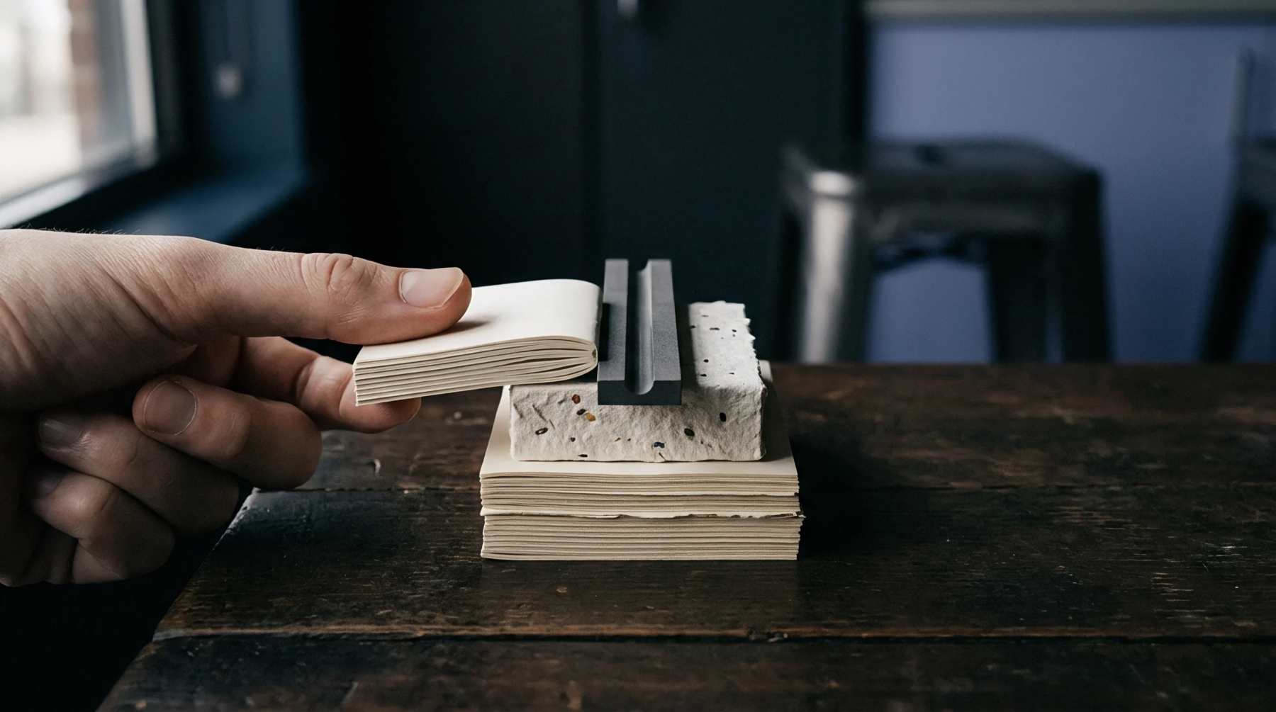 A human hand positions a sheet of paper against a metal creasing tool placed atop a stack of heavy matte board substrates.