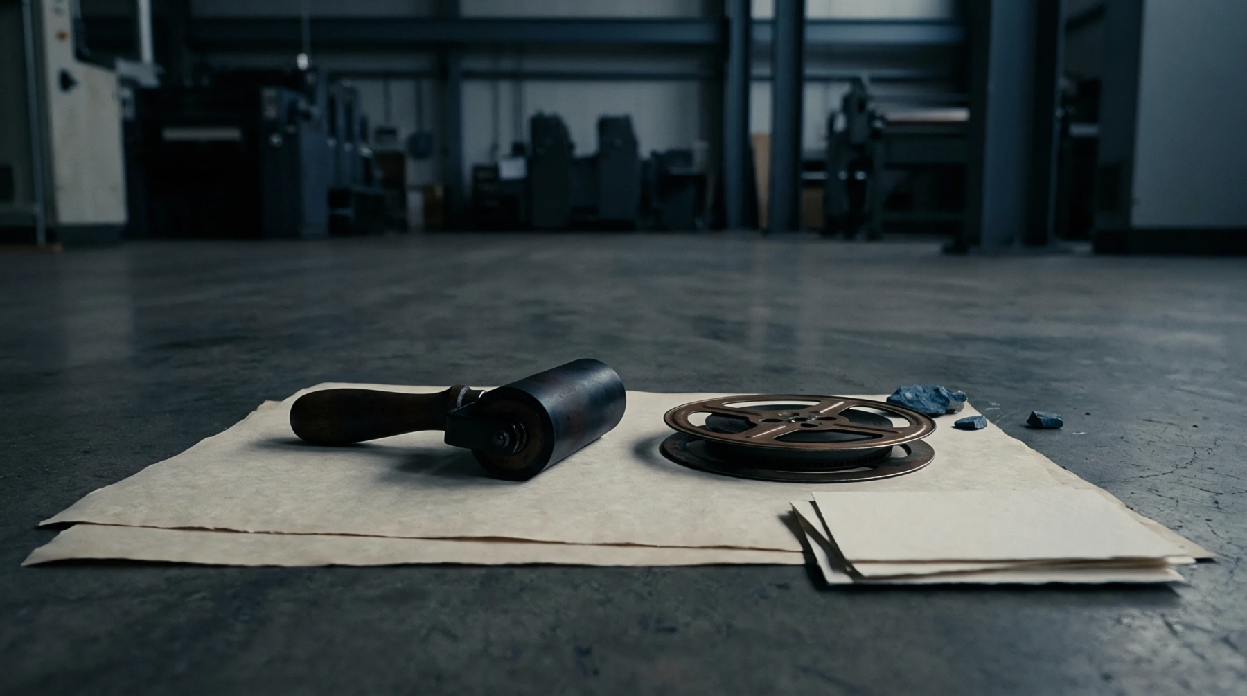 A manual proofing roller and metal film spool rest atop stacked paper substrates across a concrete industrial converting floor.