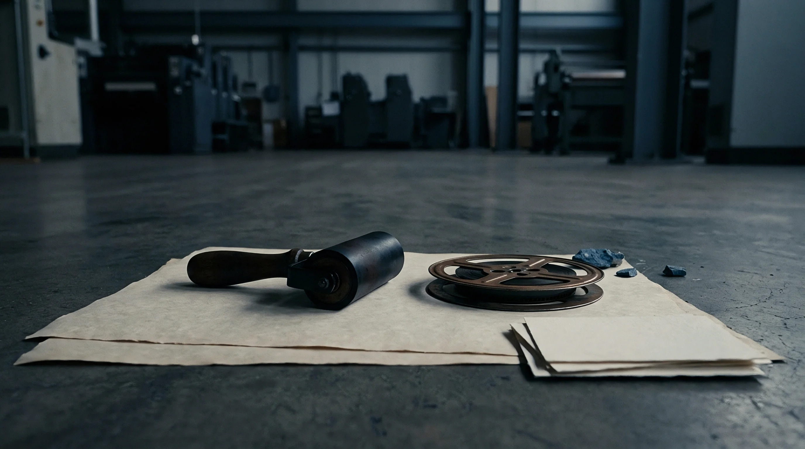 A manual proofing roller and metal film spool rest atop stacked paper substrates across a concrete industrial converting floor.