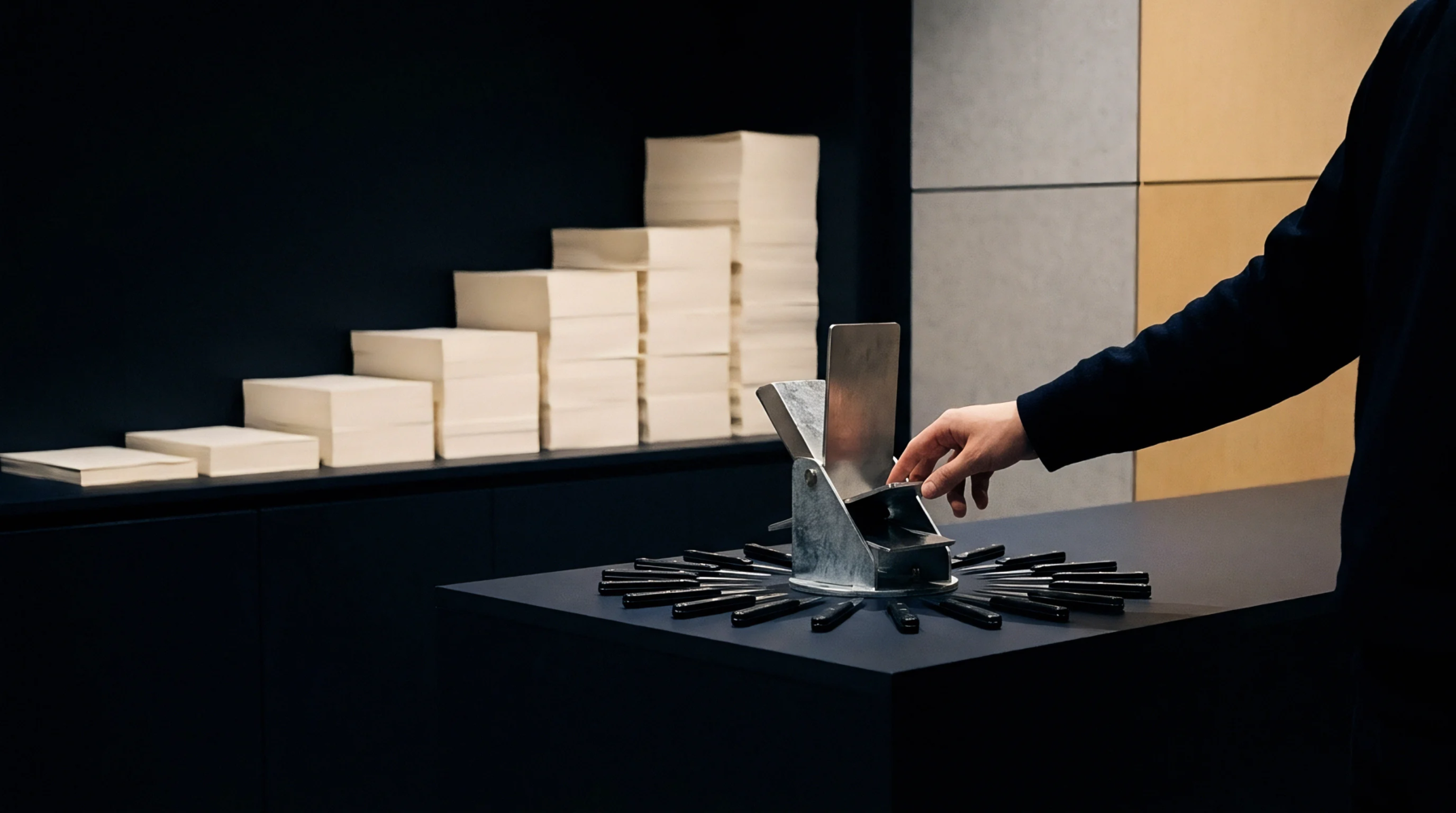 A person adjusts a manual testing apparatus on a workstation near several high piles of cream colored paper sheets.