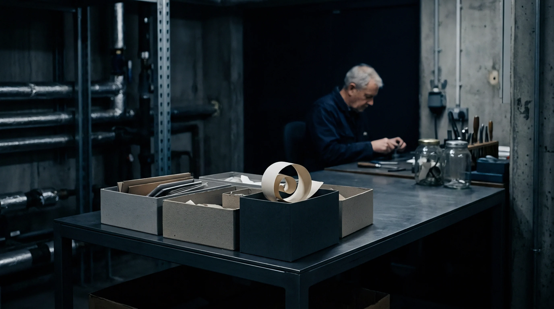 Cardboard containers holding paper samples sit on a steel workbench inside a dark industrial converting workshop while a technician works nearby.