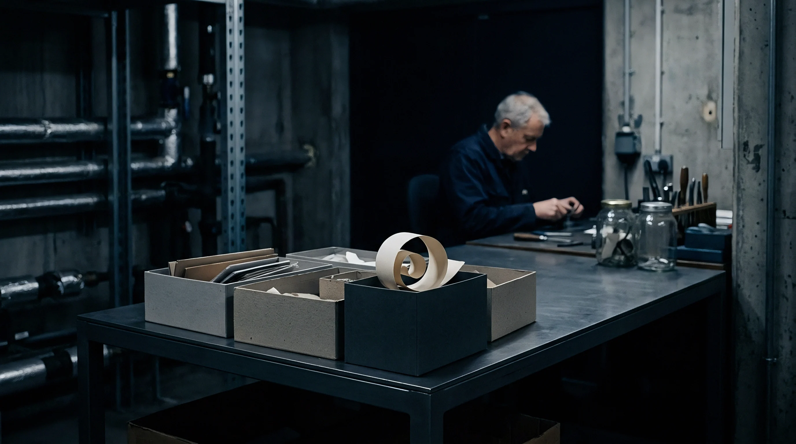 Cardboard containers holding paper samples sit on a steel workbench inside a dark industrial converting workshop while a technician works nearby.