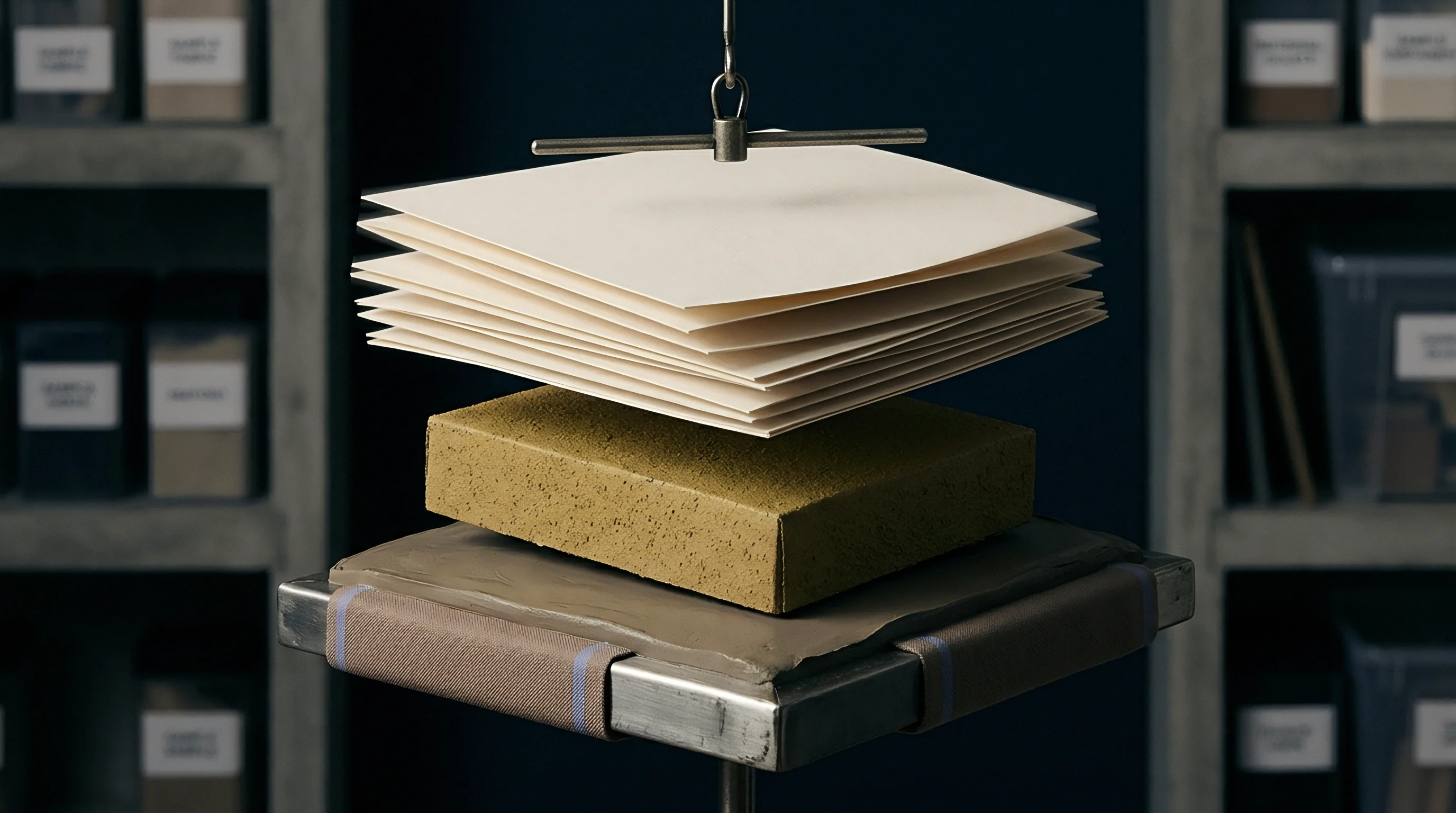 A suspended stack of paper sheets rests on a porous substrate block, which is placed on a layered base within a material storage environment.