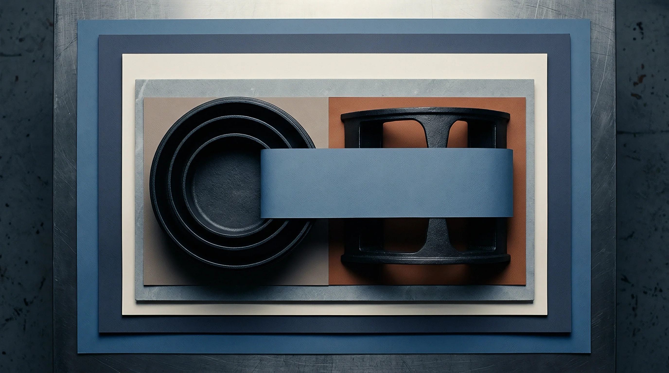 A digital render shows nested black rings and an arched frame resting on layered cardboard and textured paper stock against a metallic workbench surface.