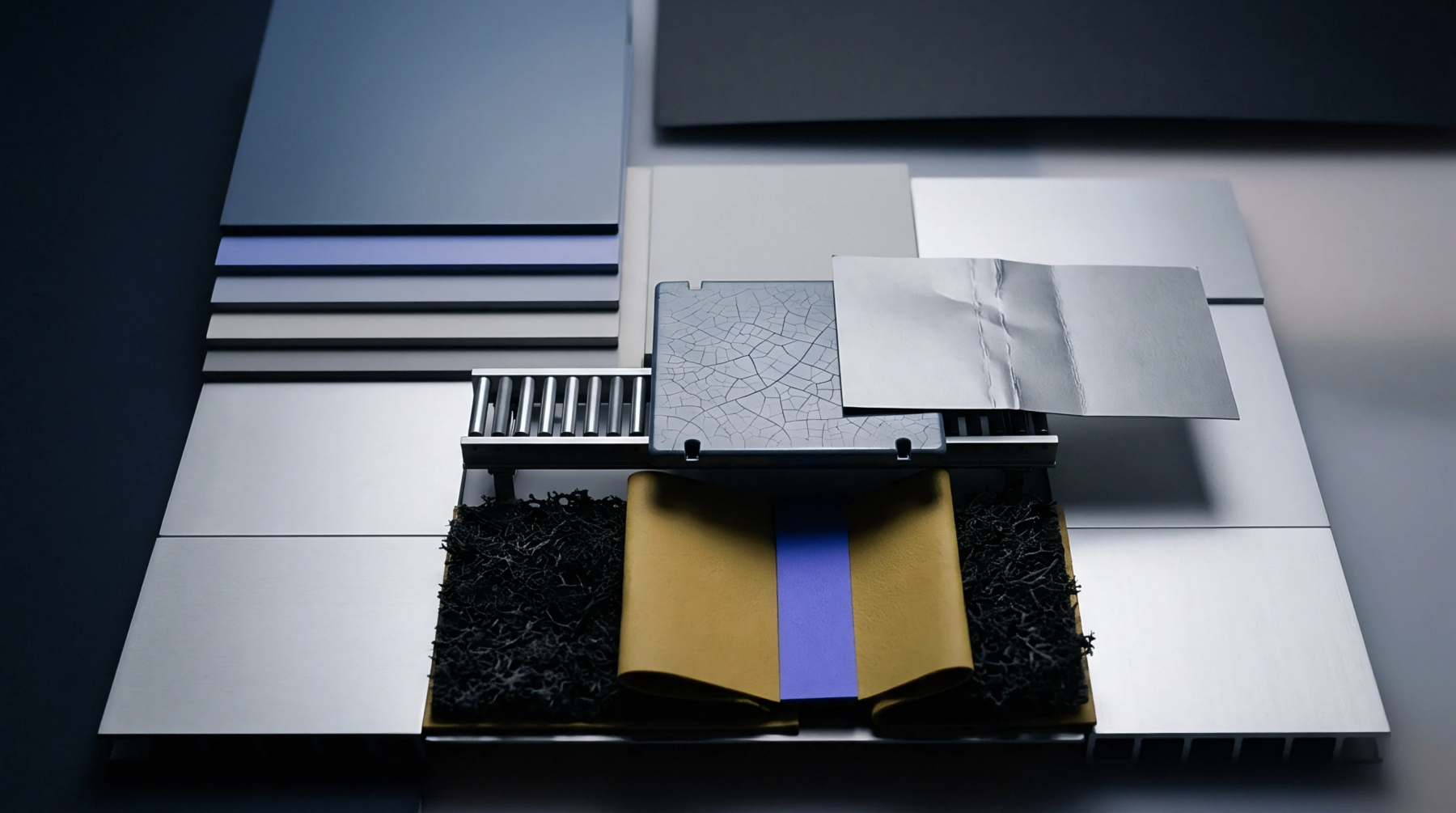 Metallic panels and layered cardstock substrates surround a central roller track supporting a ceramic crackle texture plaque atop dark organic fibrous material.