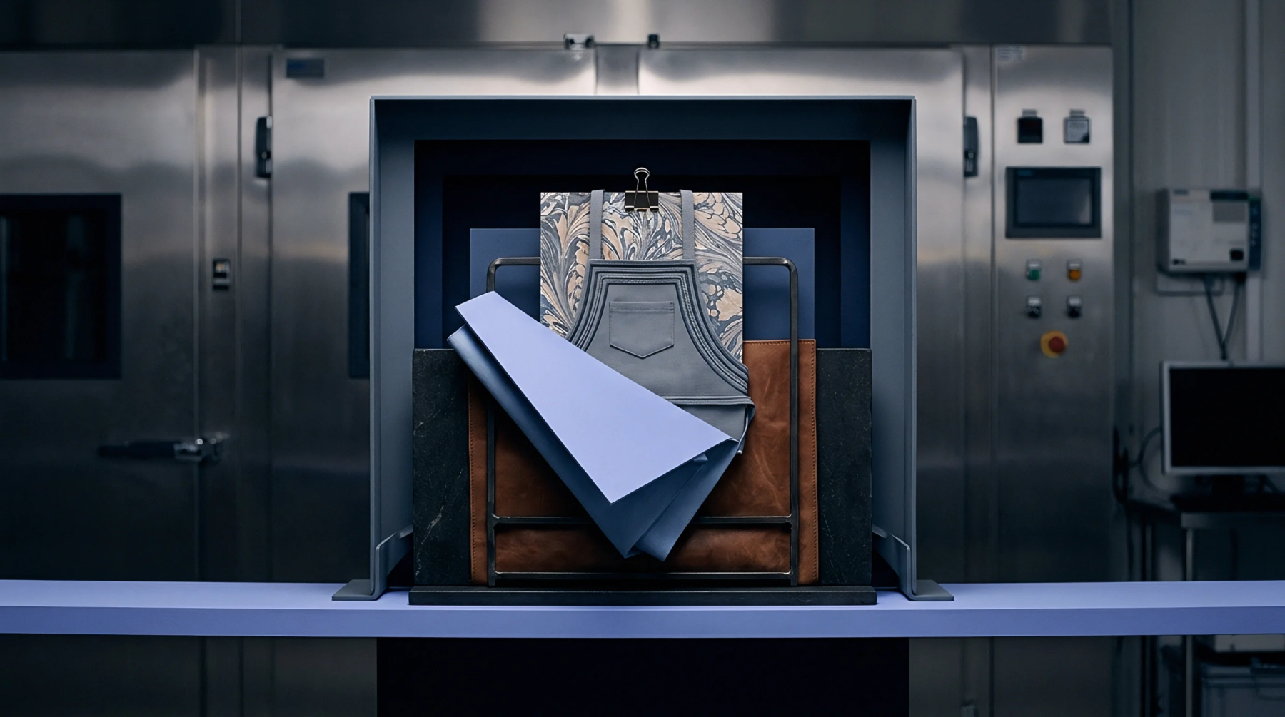 Multi layer material setups feature marbled paper sheets and grey apron components arranged within frames against stainless steel production equipment.
