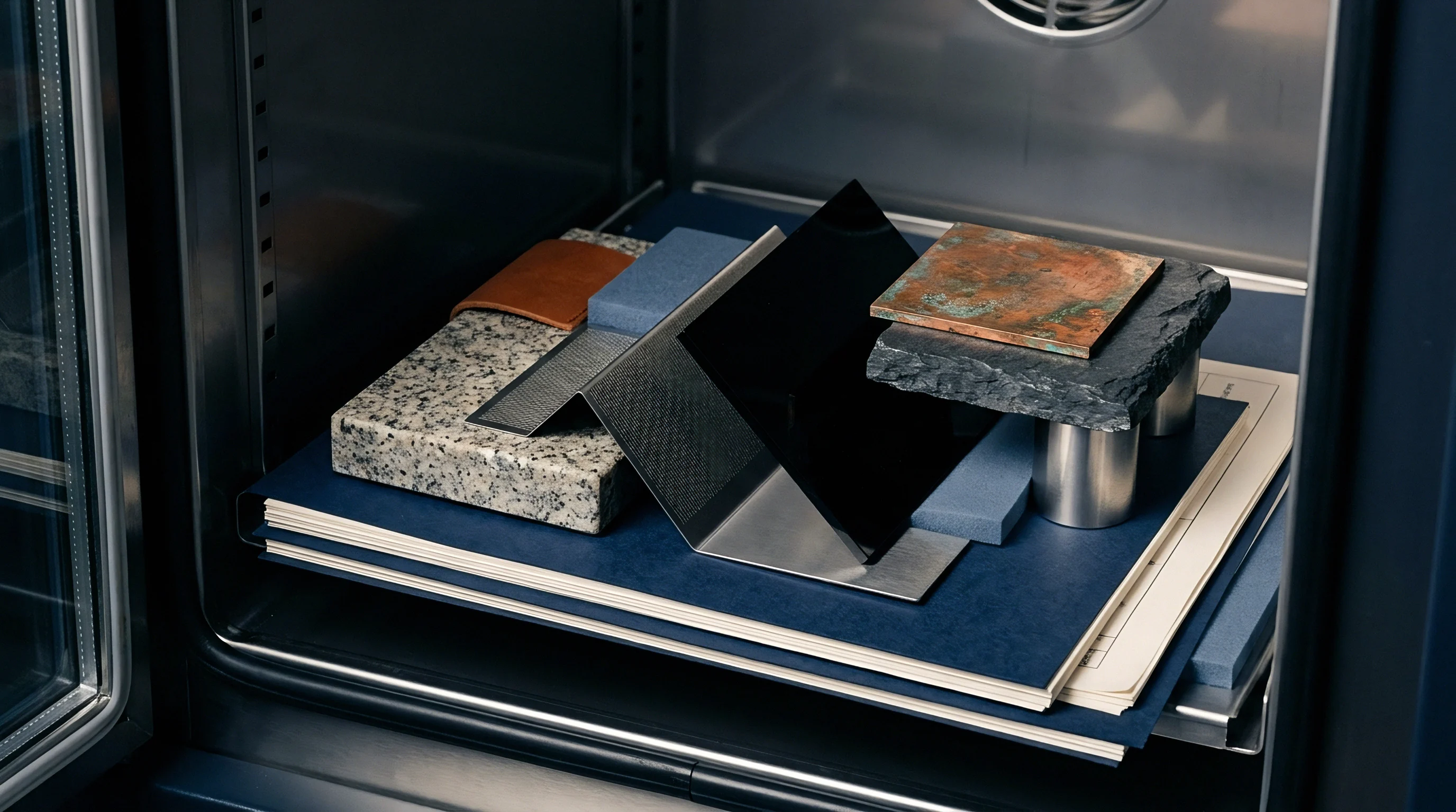 Various material samples including granite, metal, leather, and oxidized copper sheets rest on stacked paper substrates inside a steel environmental test chamber.
