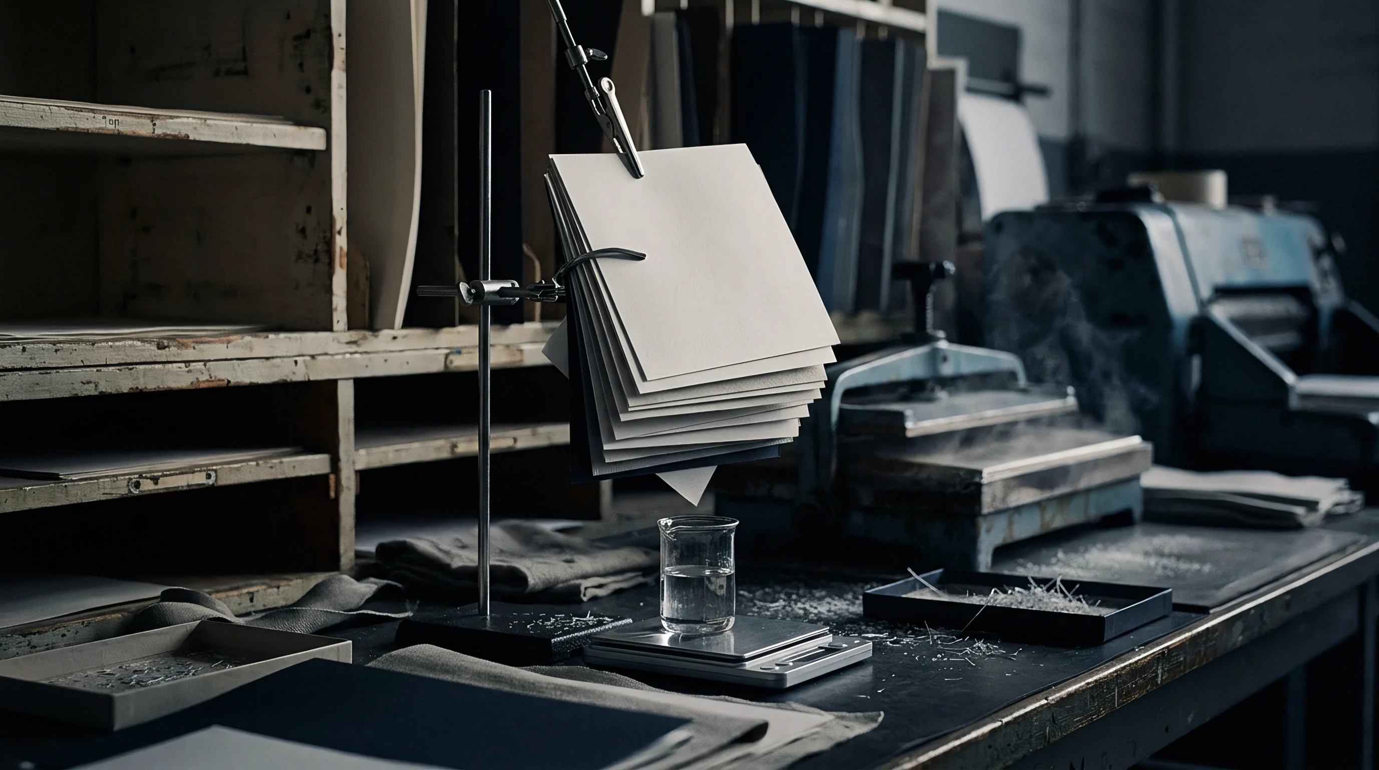 Stacked material samples held by a metal stand undergo controlled drying above a beaker and scale in a laboratory setting.