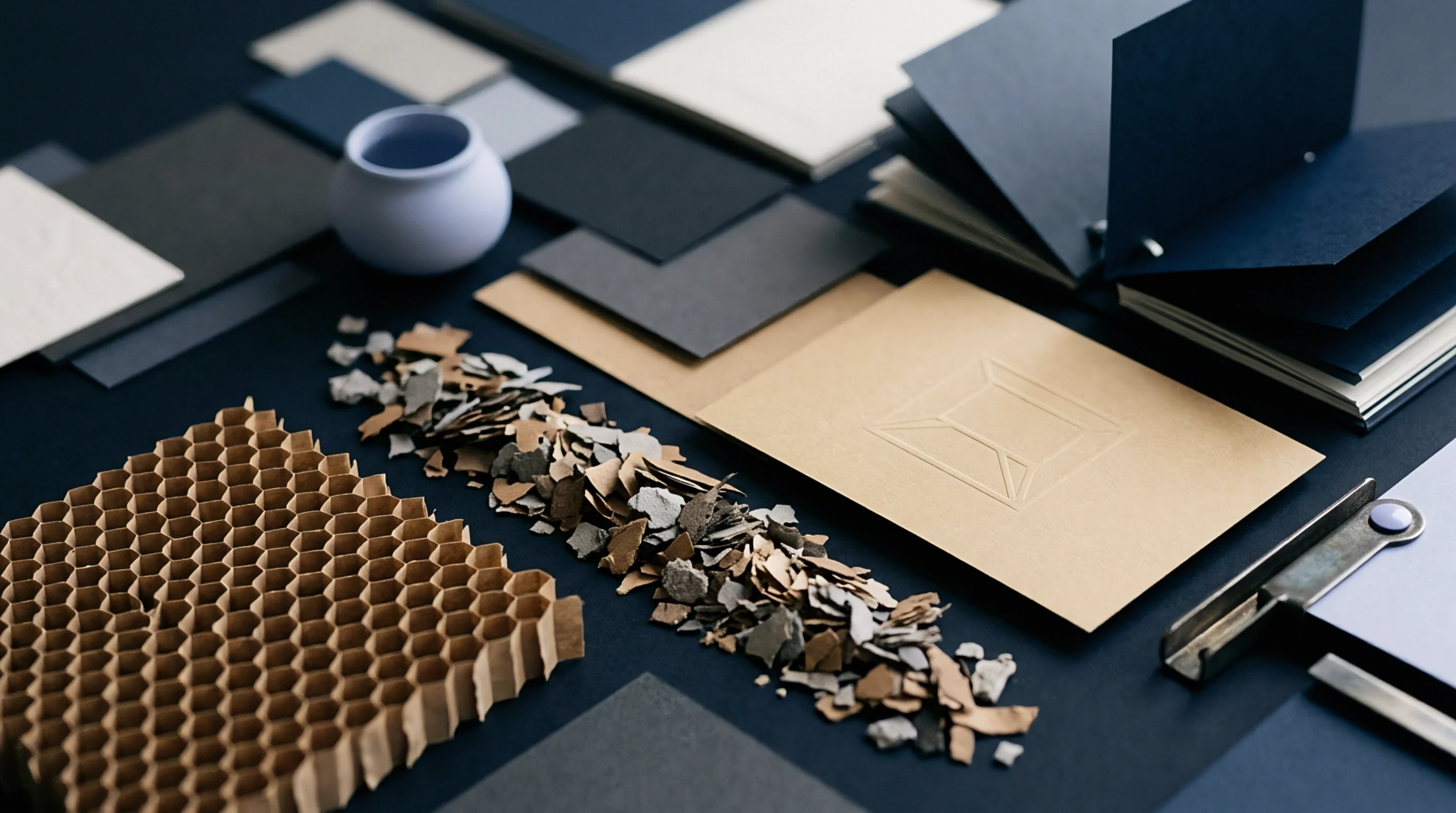 Honeycomb core board remains beside a row of shredded fiber between tactile card stocks and an open swatch book on a dark surface.
