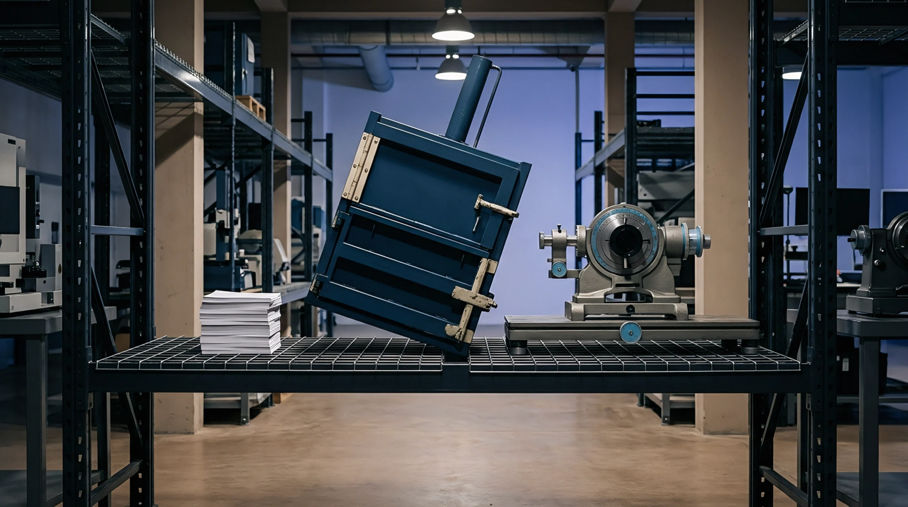 A slanted blue manual press sits next to a precision alignment tool and a paper stack on an industrial wire shelf.