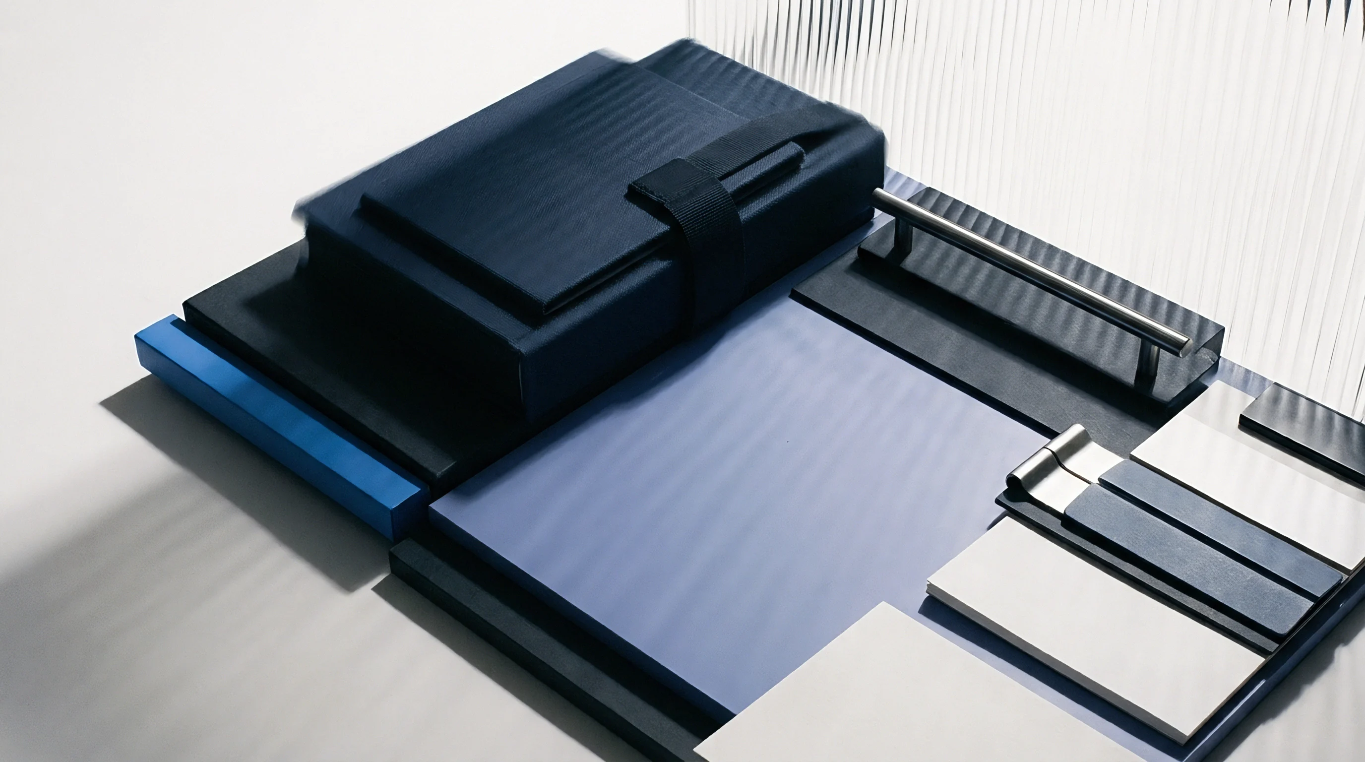 Various paperboard substrates, textured packaging mockups, colored sheets, and metal hardware components are displayed on a flat work surface.