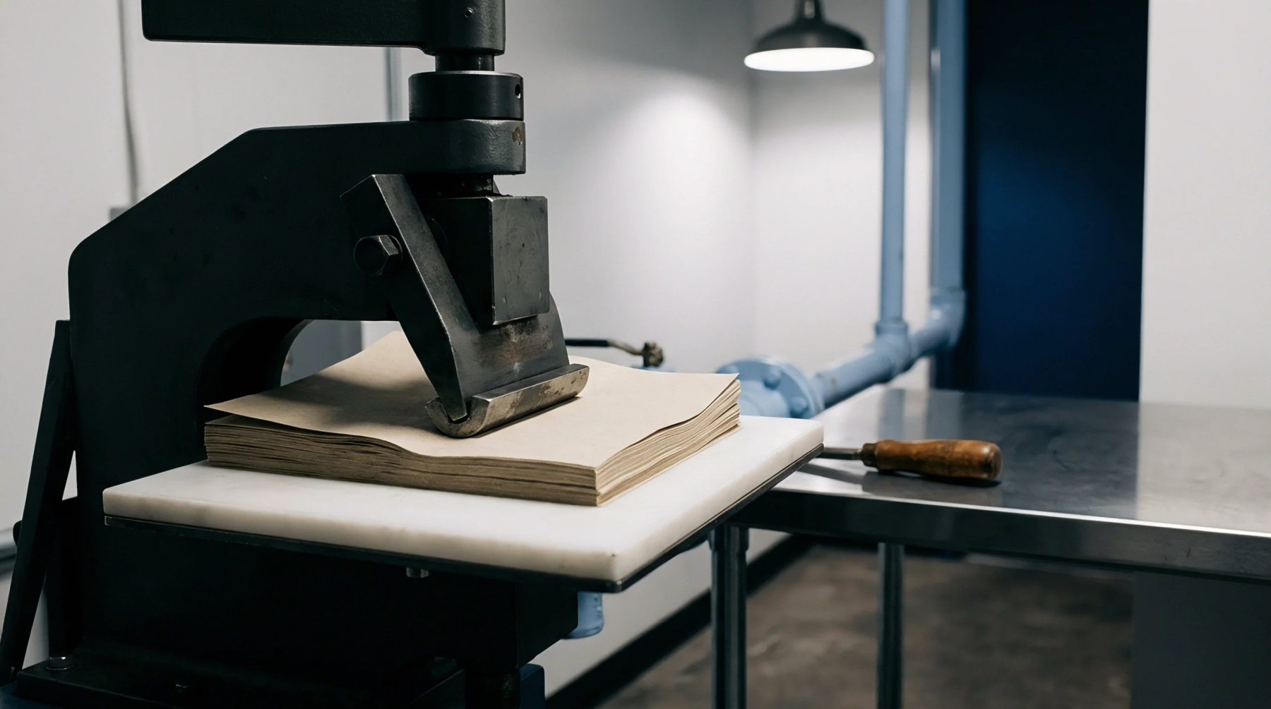 An industrial mechanical press lowers a steel die onto a thick stack of fibrous paper board resting on a white workbench.
