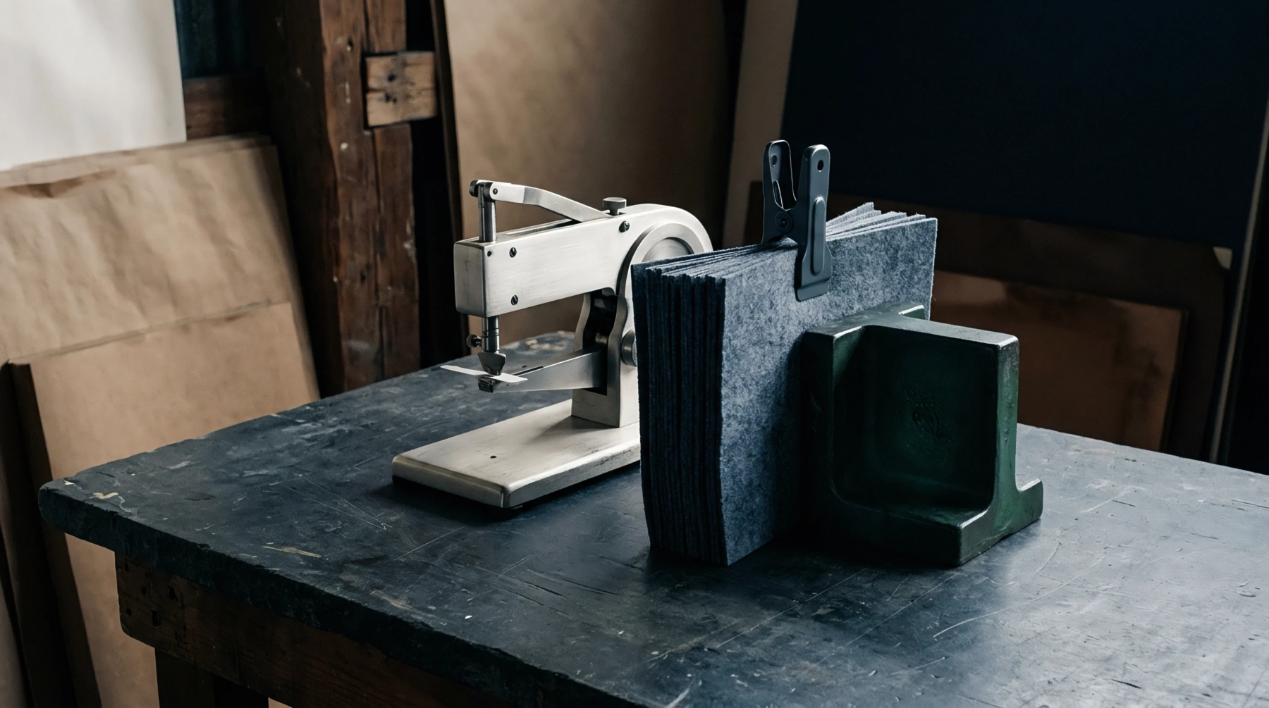 A metal punch press stands near a stack of thick grey fiber based substrate sheets secured in a vertical staging mount.