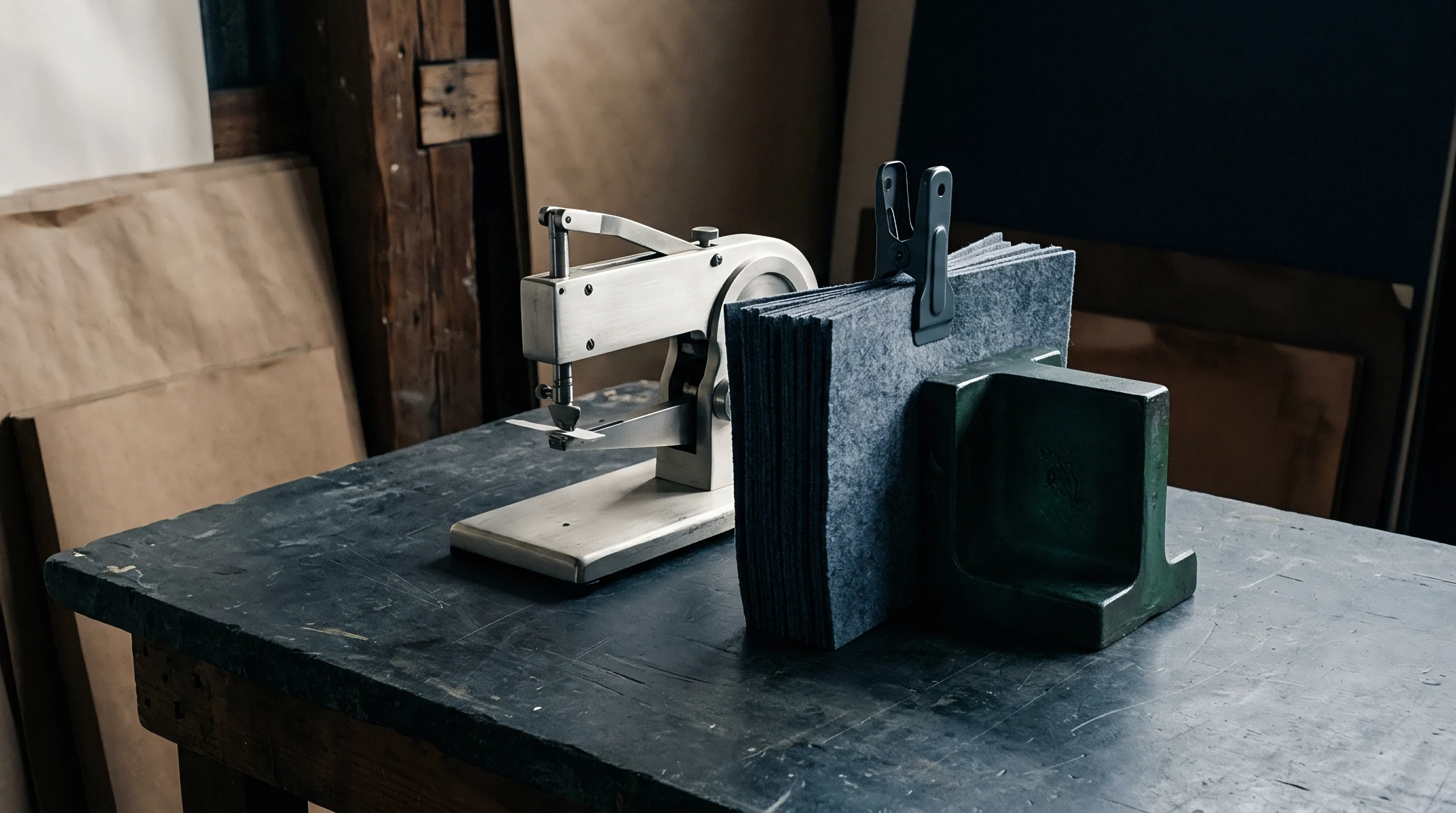 A metal punch press stands near a stack of thick grey fiber based substrate sheets secured in a vertical staging mount.