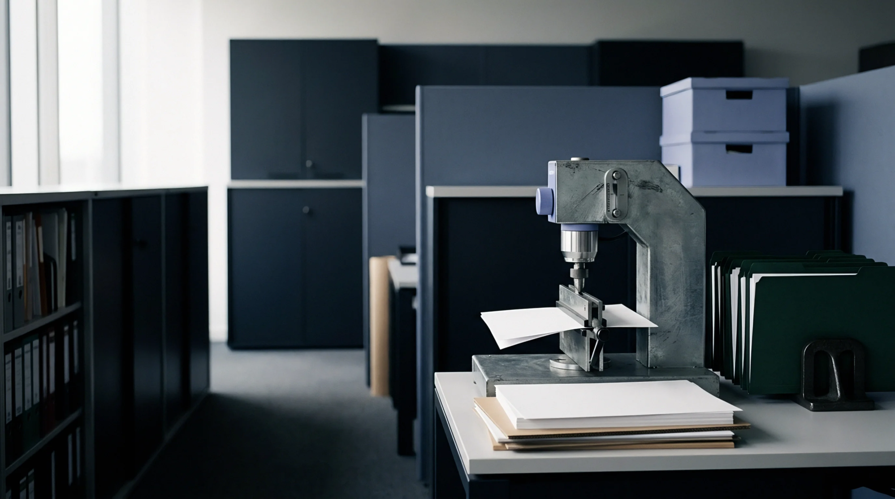 A manual metal press fixture tests folded paper substrates on a white workstation inside a partitioned bindery production room.