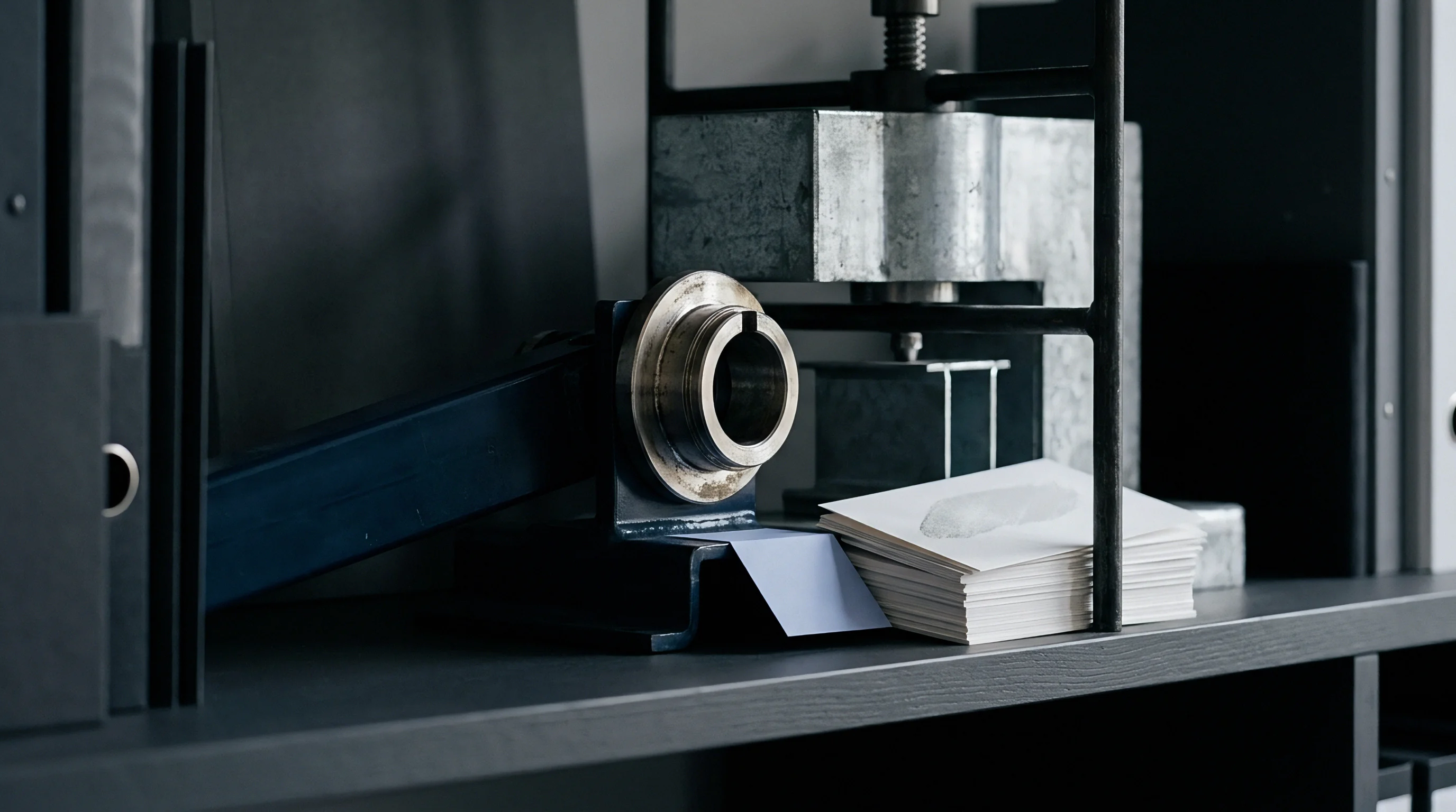 A heavy mechanical press rests on a dark shelf adjacent to a stack of unprinted white paper substrates used for physical property analysis.