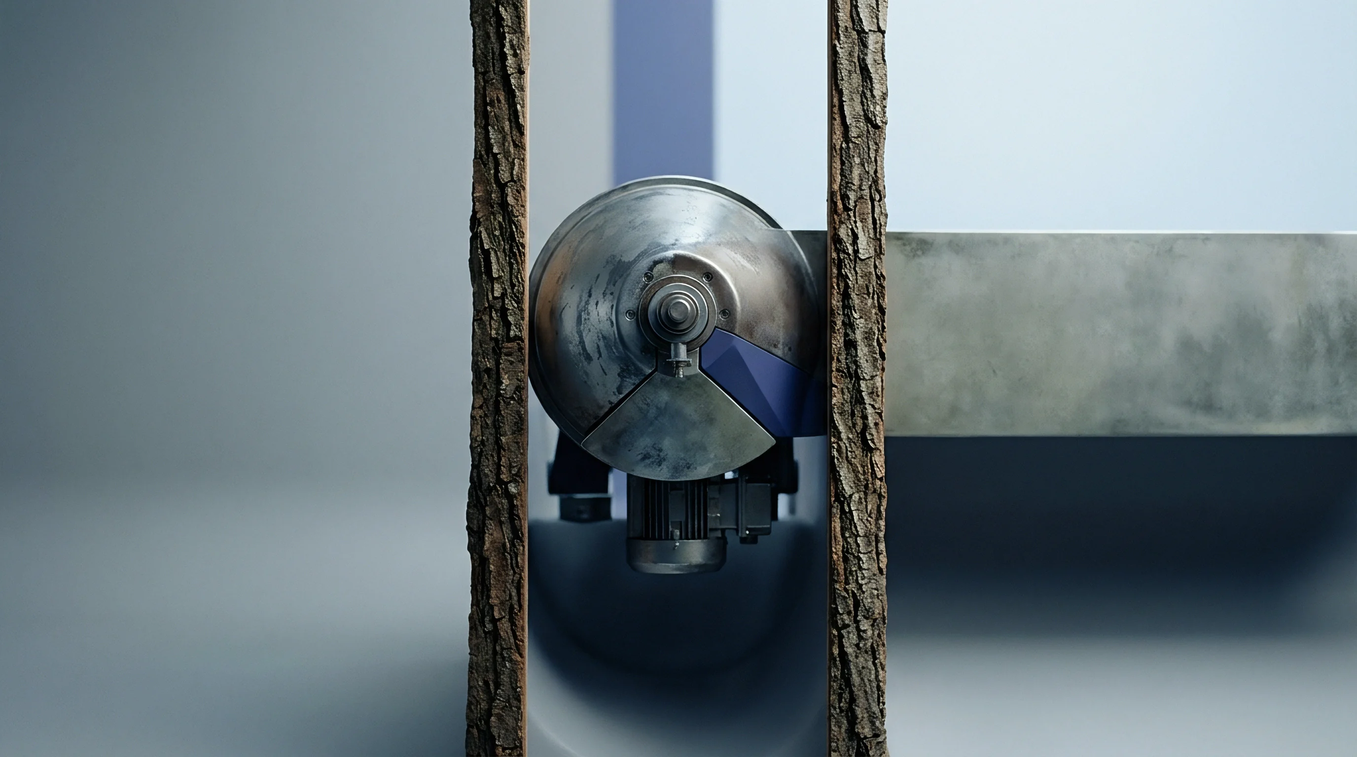 Vertical timber sections flank a heavy industrial cutting assembly housing a rotating metal drum within a neutral studio setting.