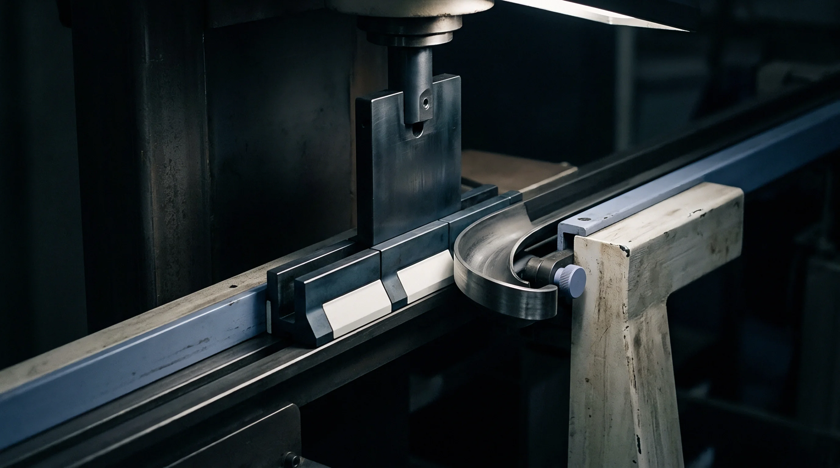 An industrial press brake mechanism shapes a metal bar against a precision guide die during the automated production of structural conversion components.