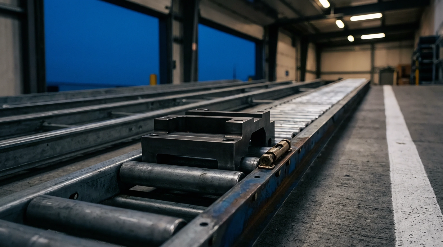 A steel roller conveyor system featuring a heavy metal component is positioned on a concrete floor near large open loading dock doors.