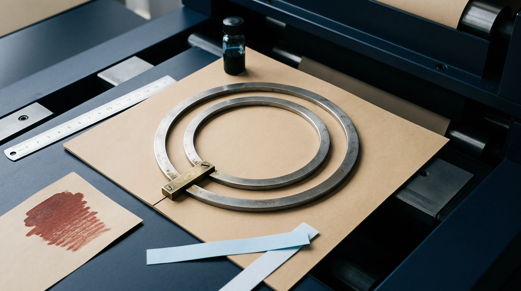 A circular steel cutting die and a small pigment swatch sit on a brown paper substrate near a metric ruler and blue ink bottle.