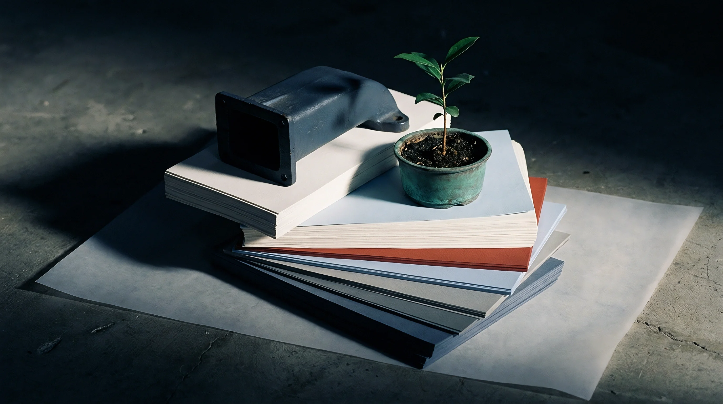 A cast industrial duct rests atop stacked coloured paper substrates beside a small potted plant on a concrete surface.