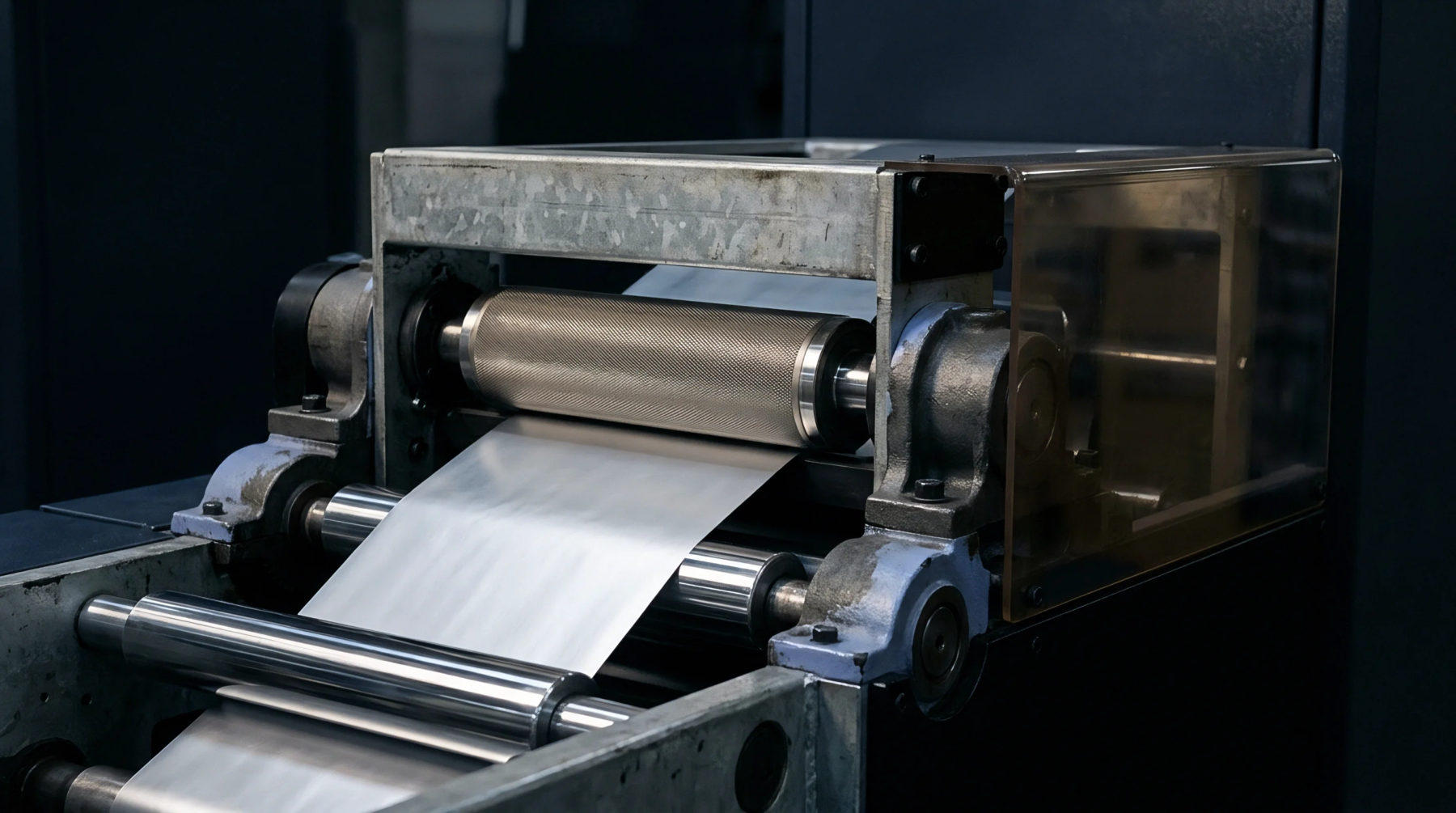 A continuous web of metallic foil substrate passes through a textured roller assembly within an industrial manufacturing line for surface modification.