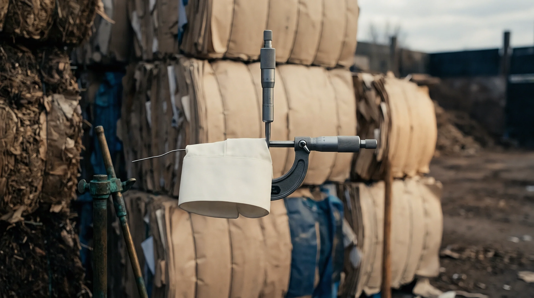 A micrometer assesses the thickness of a white sheet of paper substrate staged in front of stacked bales of recycled fibre in an industrial yard.
