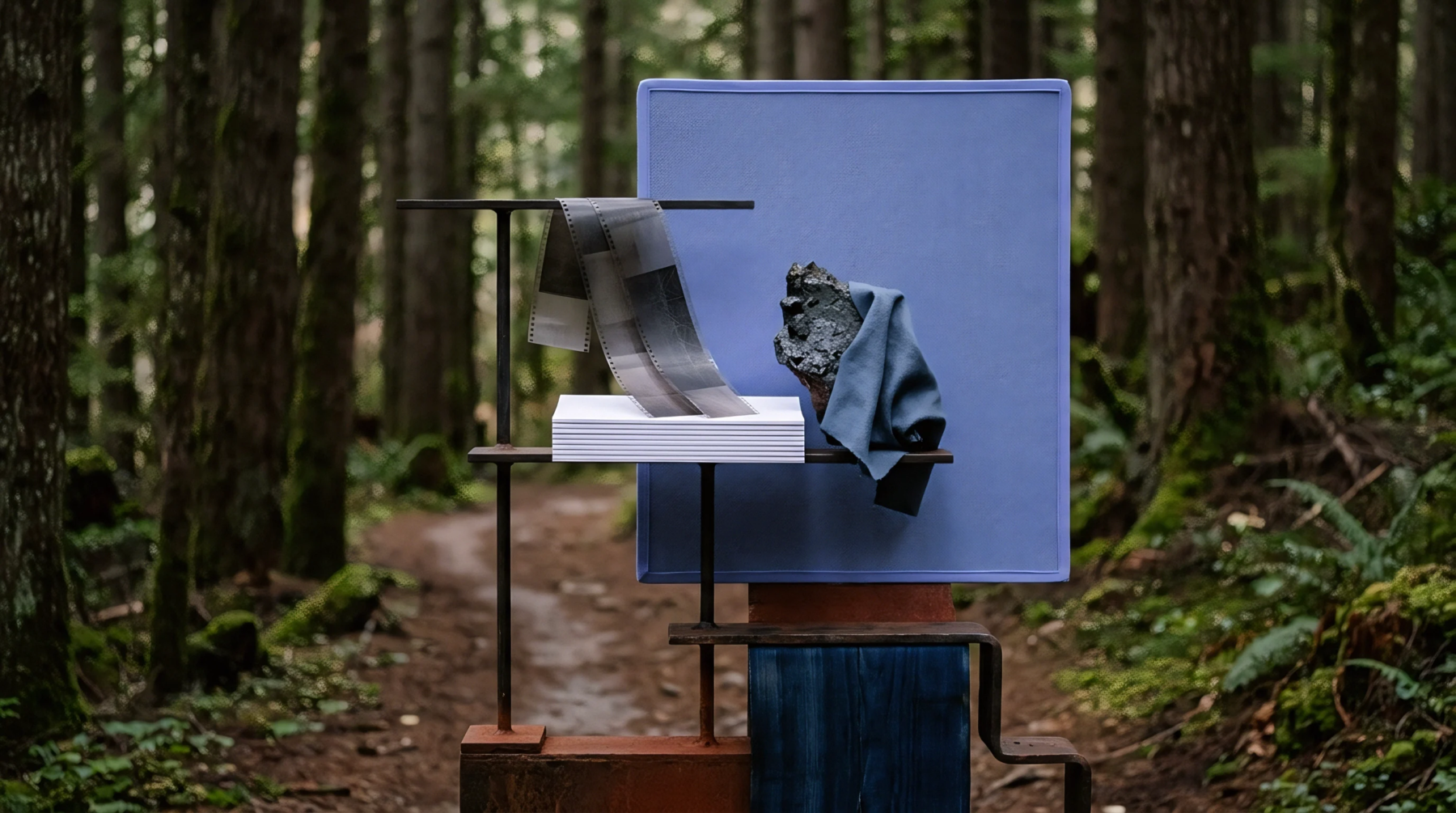 A metal armature supports stacked white paper, a textile swatch, and exposed film strip positioned against a blue board within a dense forest.