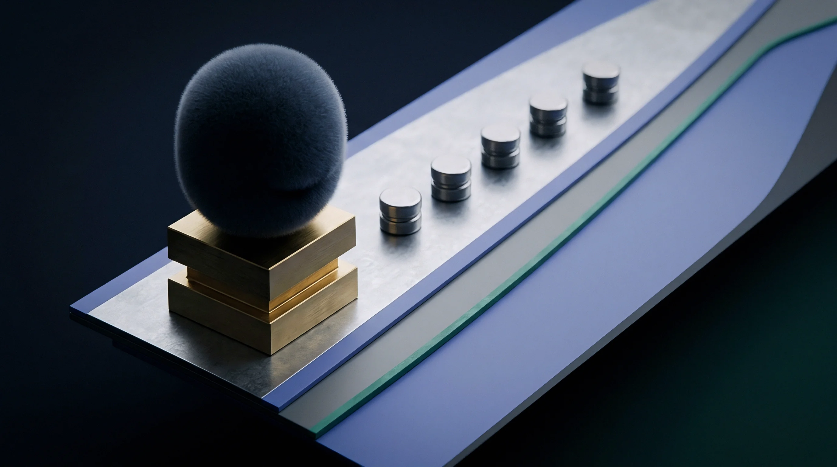 This abstract render displays a fuzzy sphere atop gold blocks on metallic substrates with stacked cylindrical units, set against a dark background.