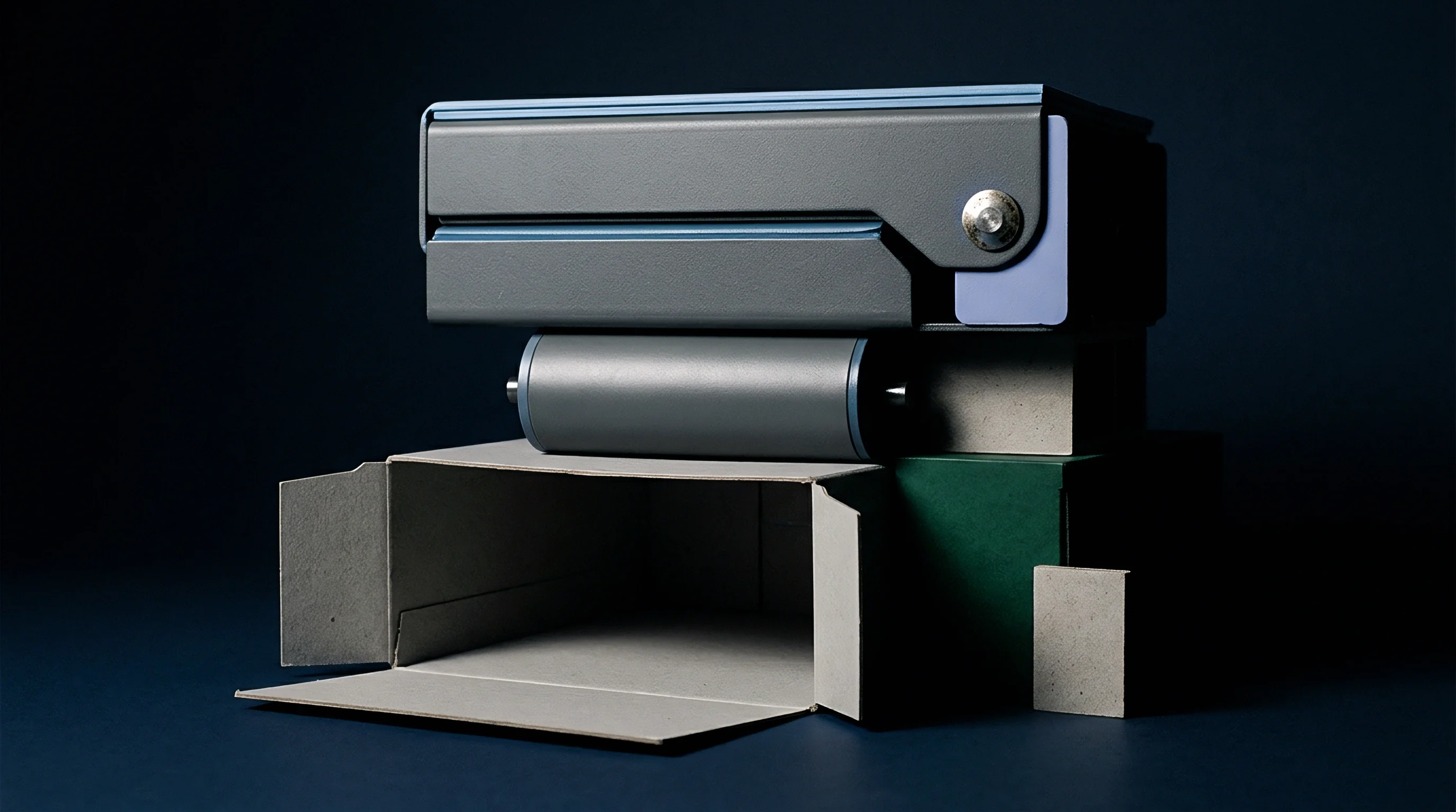 A modular gray finishing unit rests above a steel web roller and an unfolded paperboard carton blank beside a green substrate block.