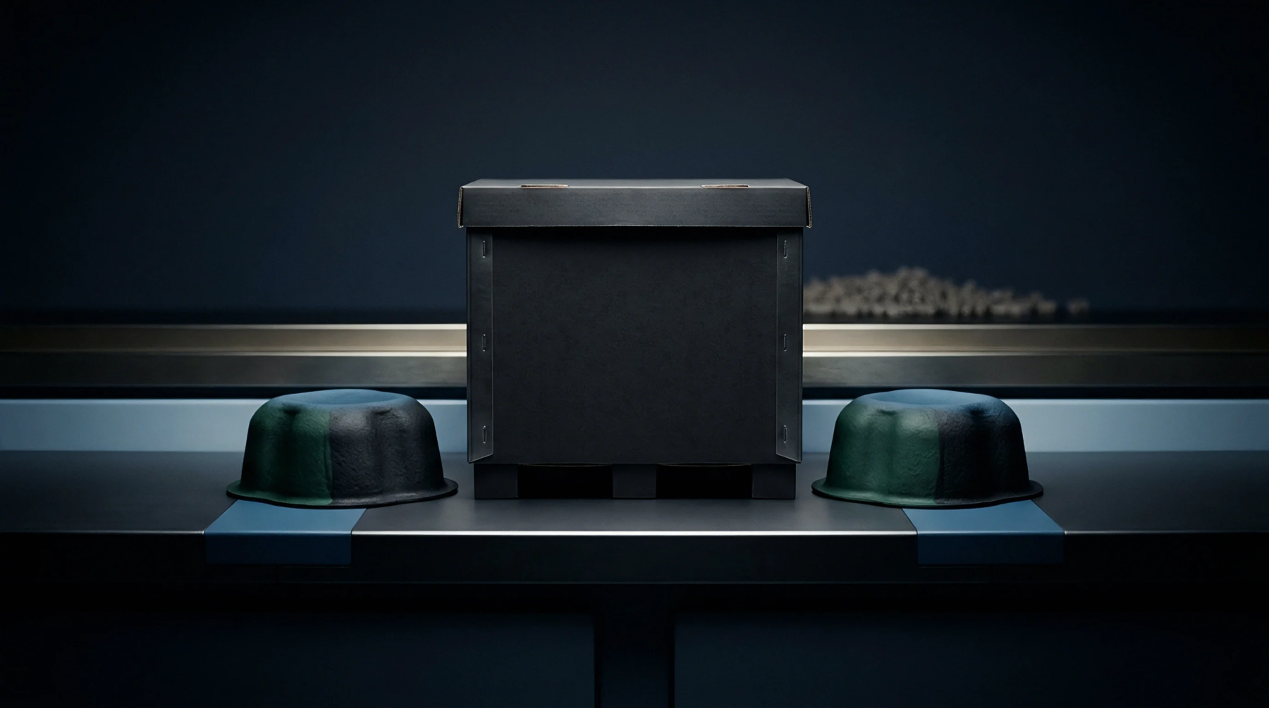Two circular molded fiber cushioning inserts sit beside a central corrugated paperboard shipping box on a dark industrial production surface.