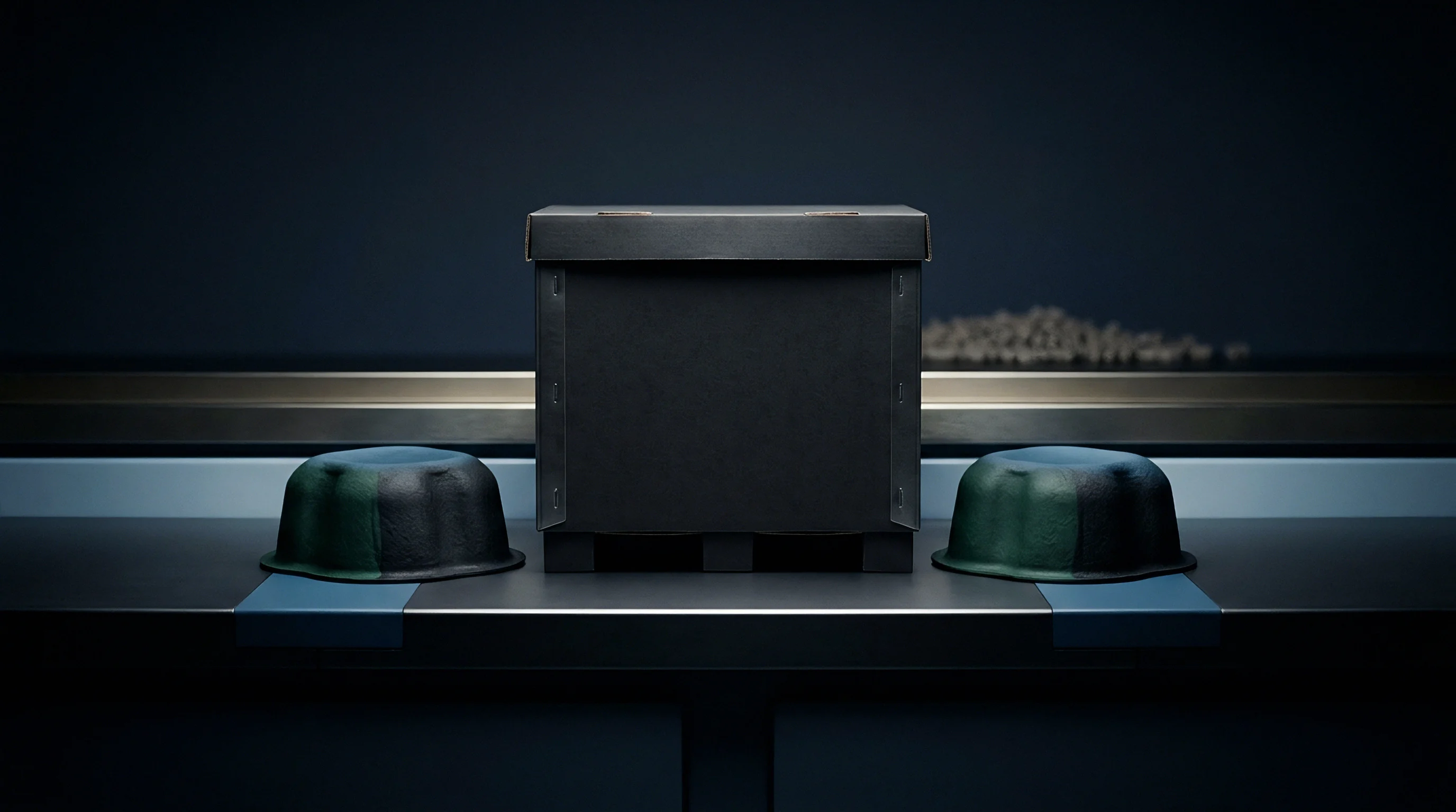 Two circular molded fiber cushioning inserts sit beside a central corrugated paperboard shipping box on a dark industrial production surface.