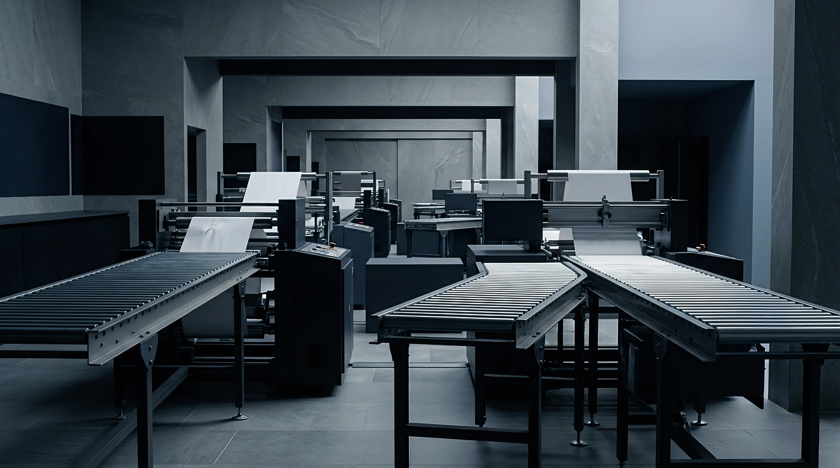 Continuous paper web conveyors and industrial converting stations populate this minimalist production floor in a digital render designed for high speed substrate manufacturing processes.
