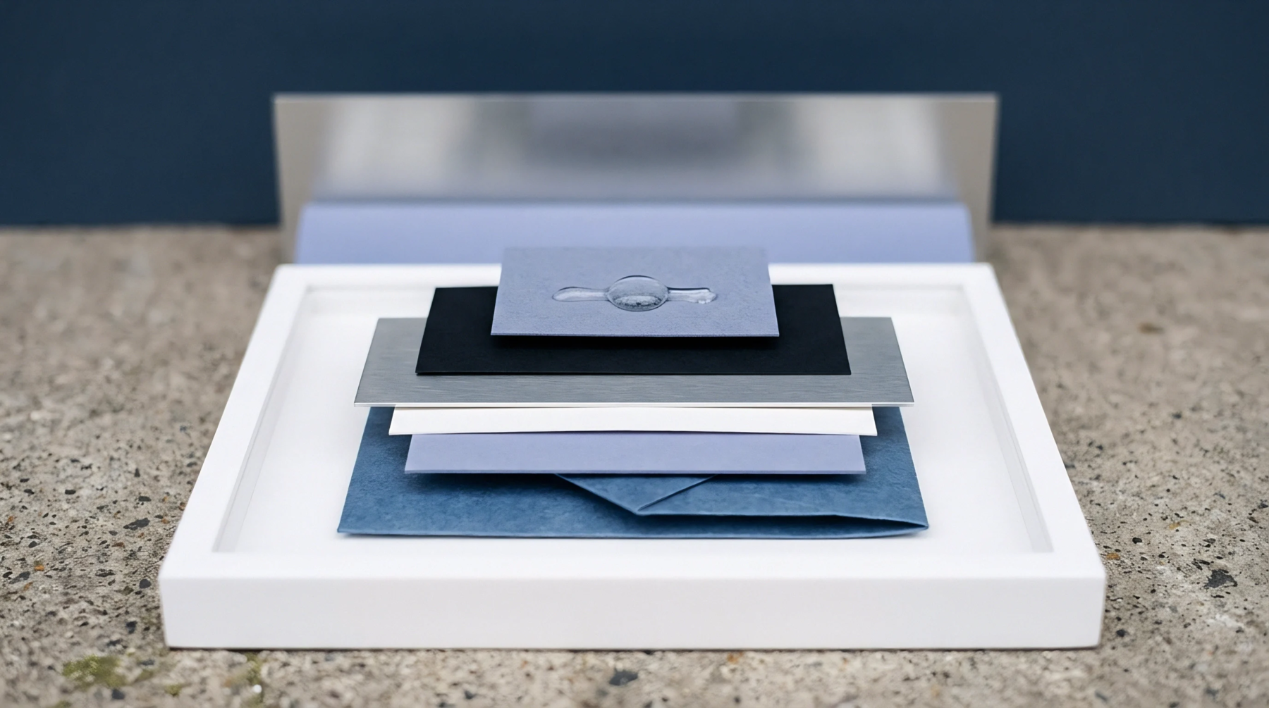 A layered stack of paper and metallic film sits within a white frame with a single water droplet resting on the uppermost grey surface.