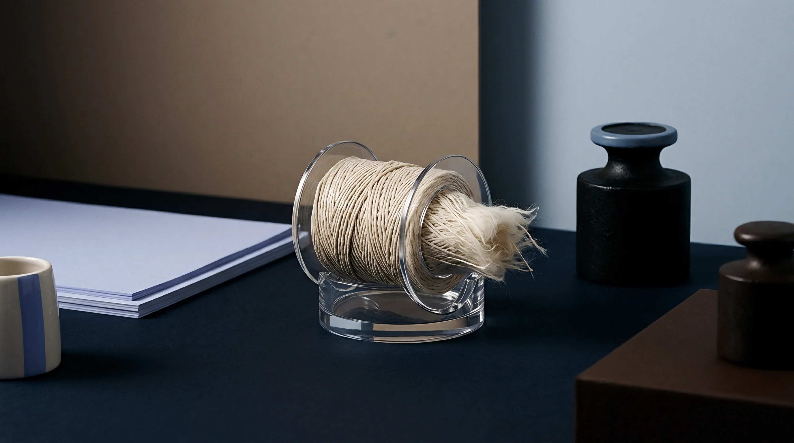 A spool of natural fiber twine rests in a transparent acrylic cradle atop a navy blue work surface near stacked cardstock.
