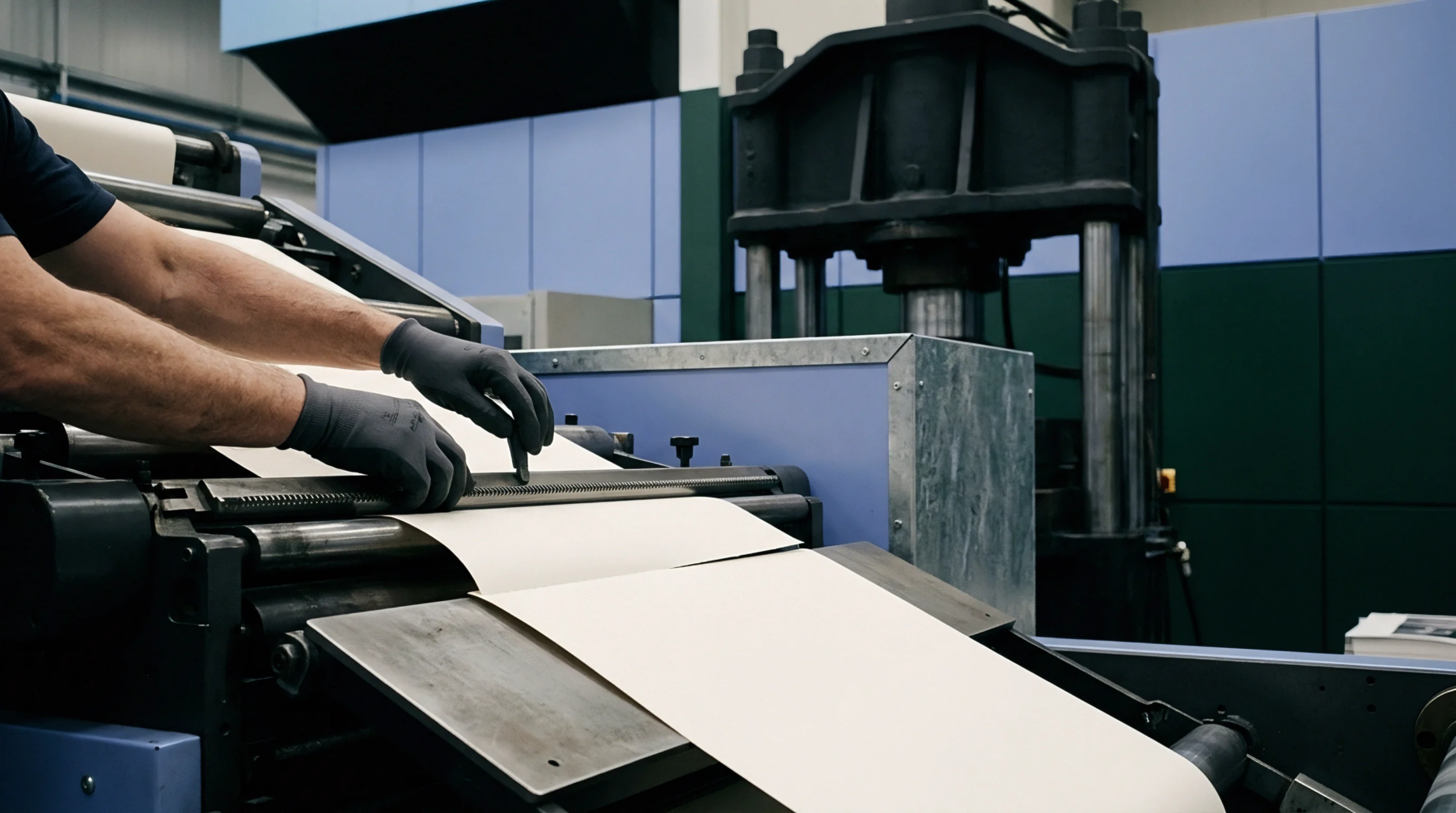 A gloved technician manages the alignment of a heavy white paper web as it travels through industrial rollers within a production facility.