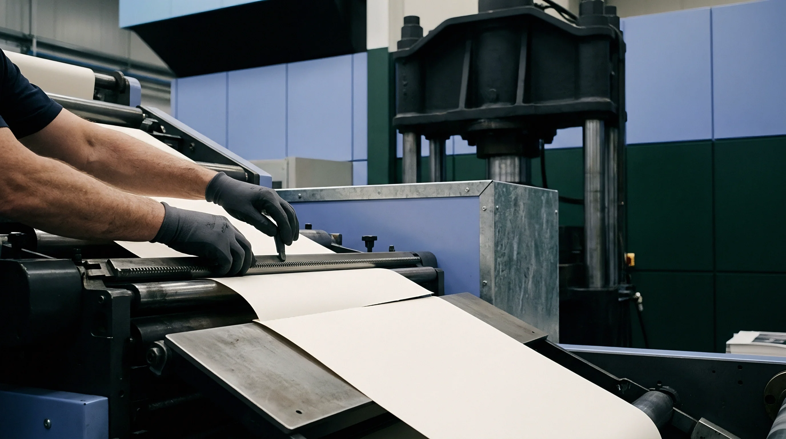 A gloved technician manages the alignment of a heavy white paper web as it travels through industrial rollers within a production facility.