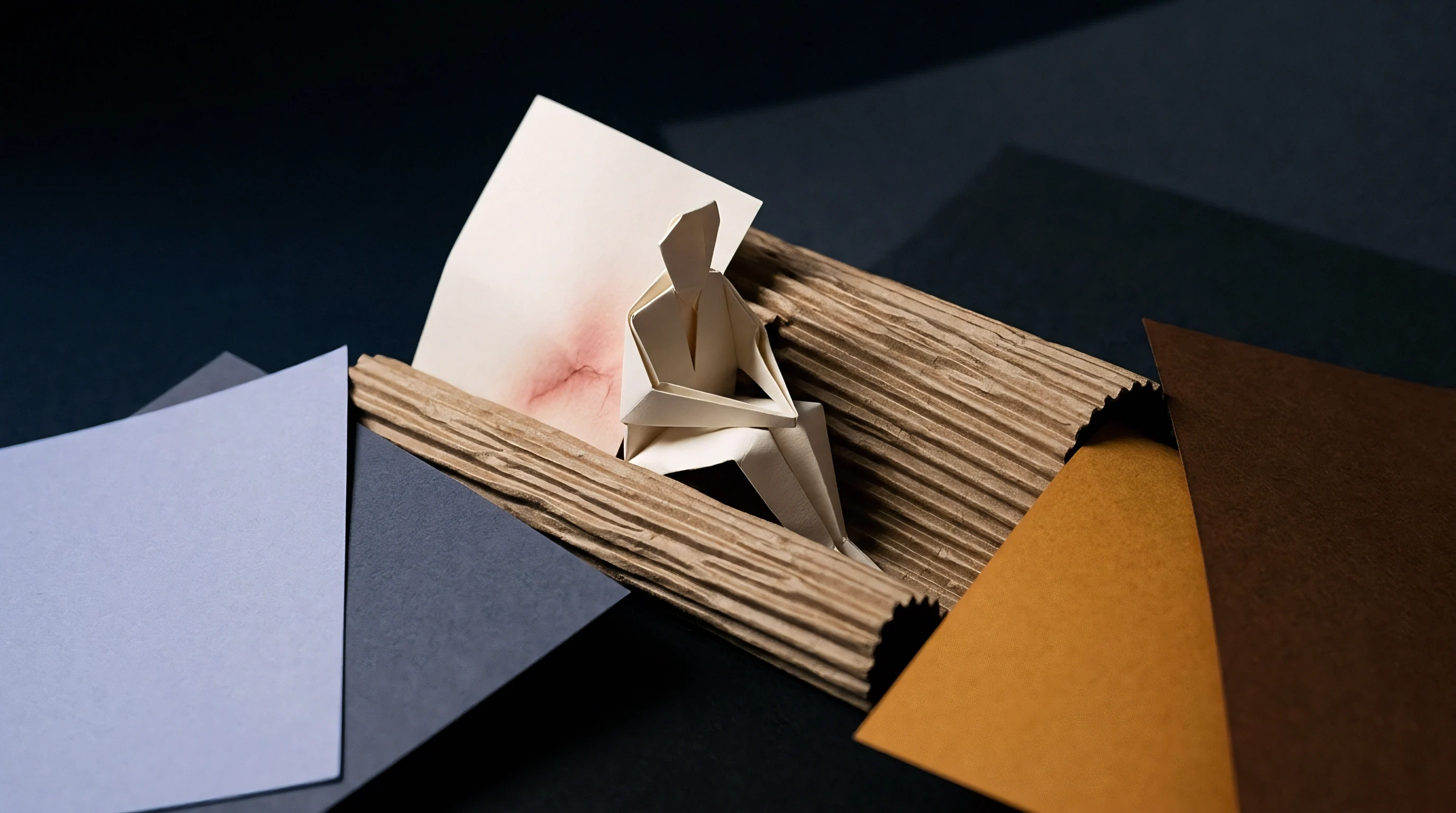 An origami human figure rests upon a piece of textured corrugated fiberboard surrounded by various sheets of colored paper stock.