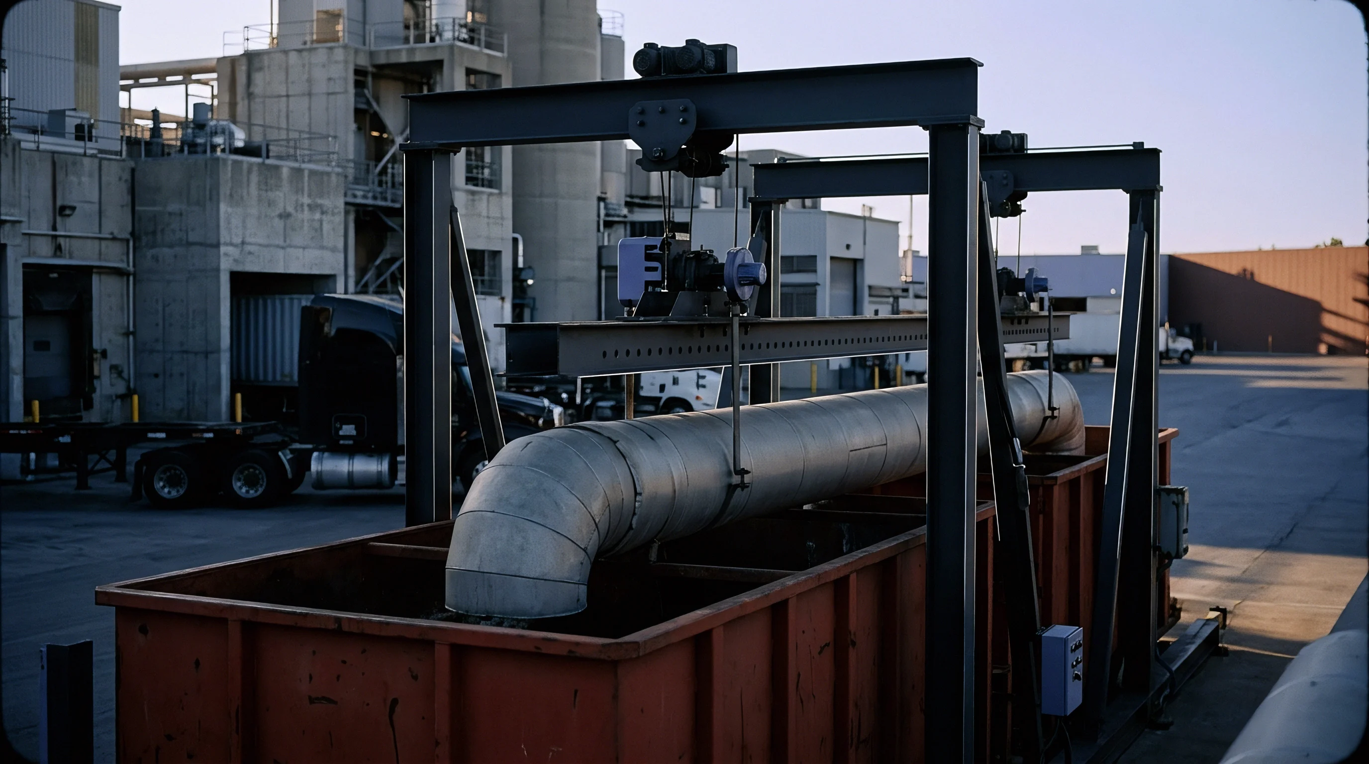 An overhead gantry crane suspends a large insulated metal duct above a deep red industrial container outdoors at a manufacturing plant.