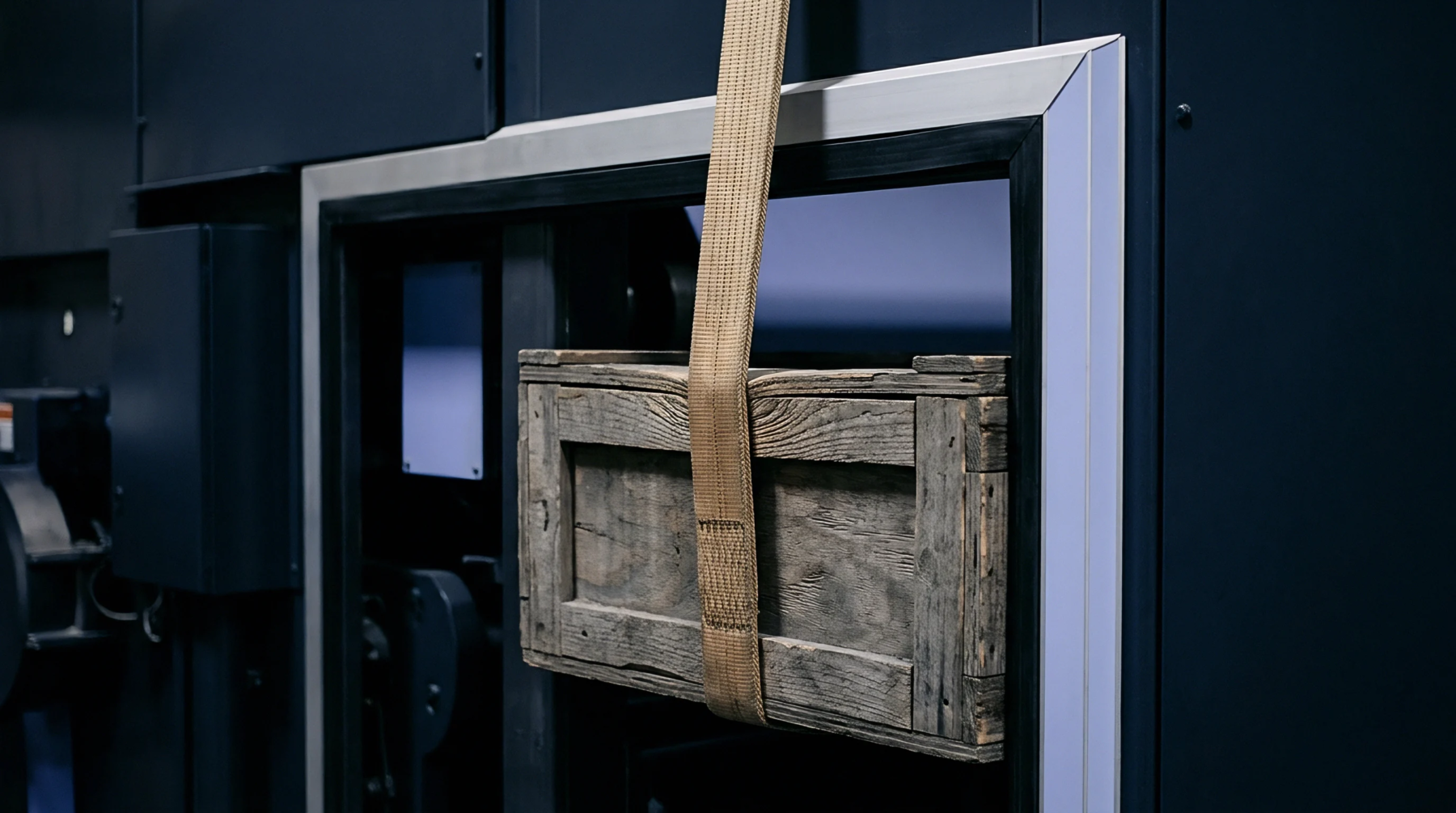 A weathered wooden crate is suspended by a heavy-duty beige strap, centered within a dark industrial opening.