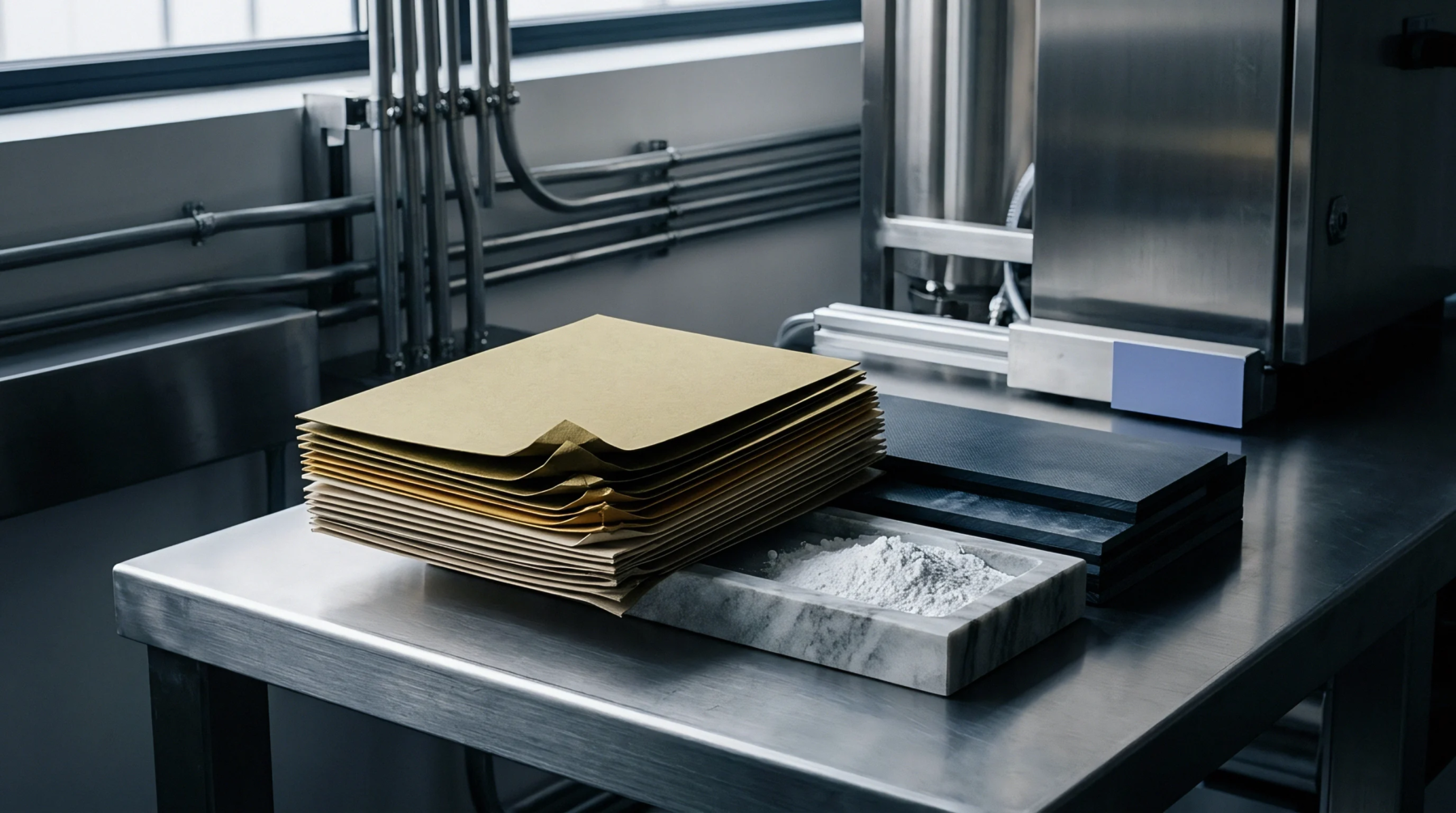 A stack of kraft paper pouches and black composite sheets sits beside a marble tray of white powder on a stainless steel work surface.