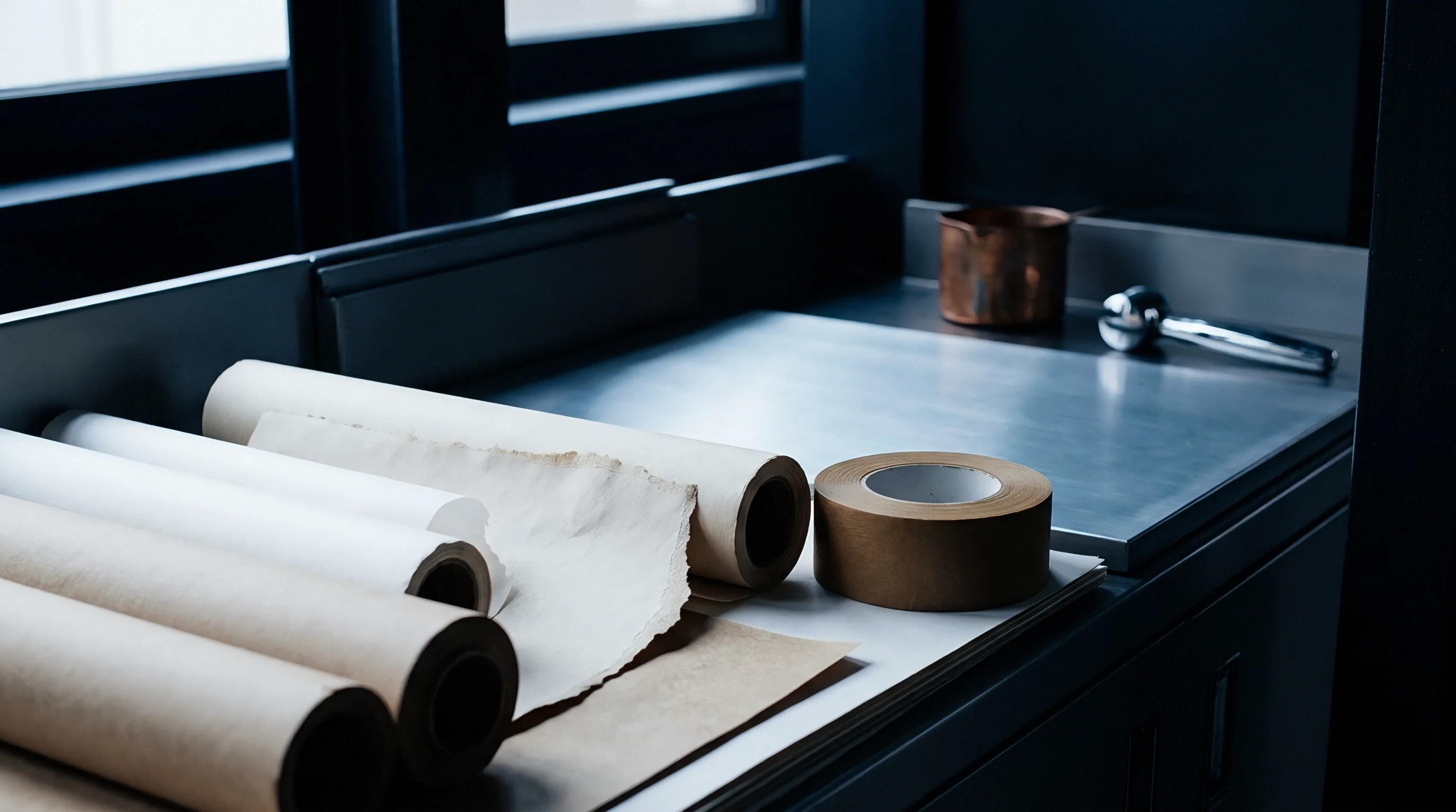 Unwound brown kraft paper reels and white converting substrates rest beside industrial packaging tape on a metal workbench.