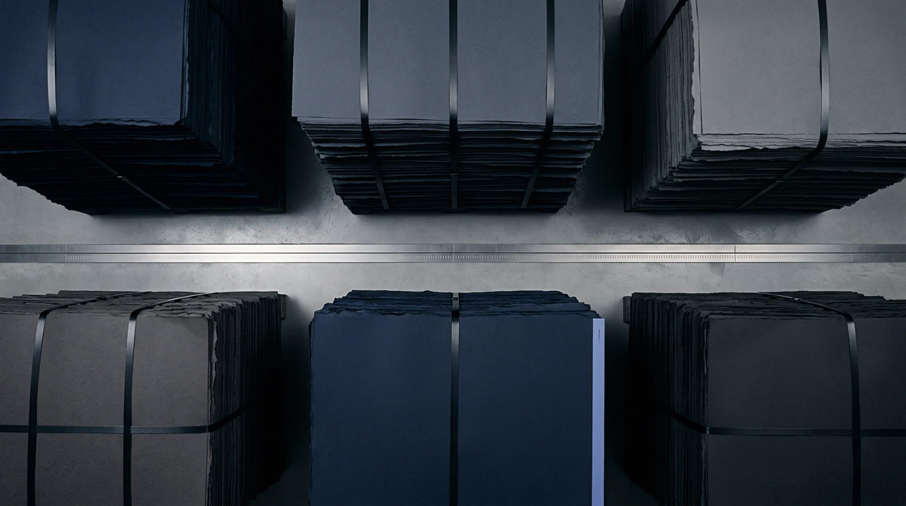 Six bundles of dark grey and blue cardstock sheets sit secured with black strapping on a grey concrete warehouse floor.