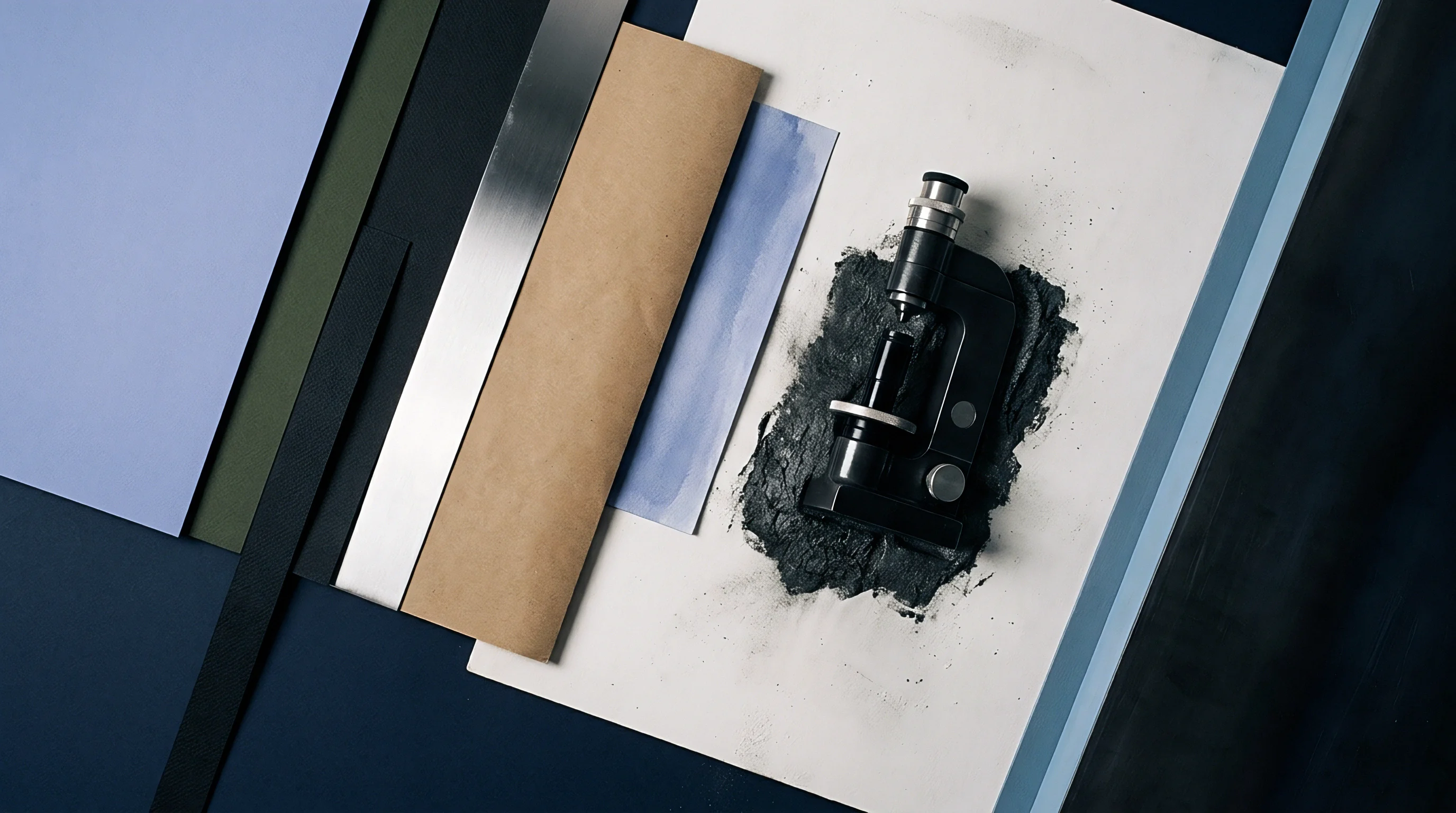 A collection of paper and substrate material swatches are arranged geometrically with a microscope positioned atop a dark powder on a white surface.