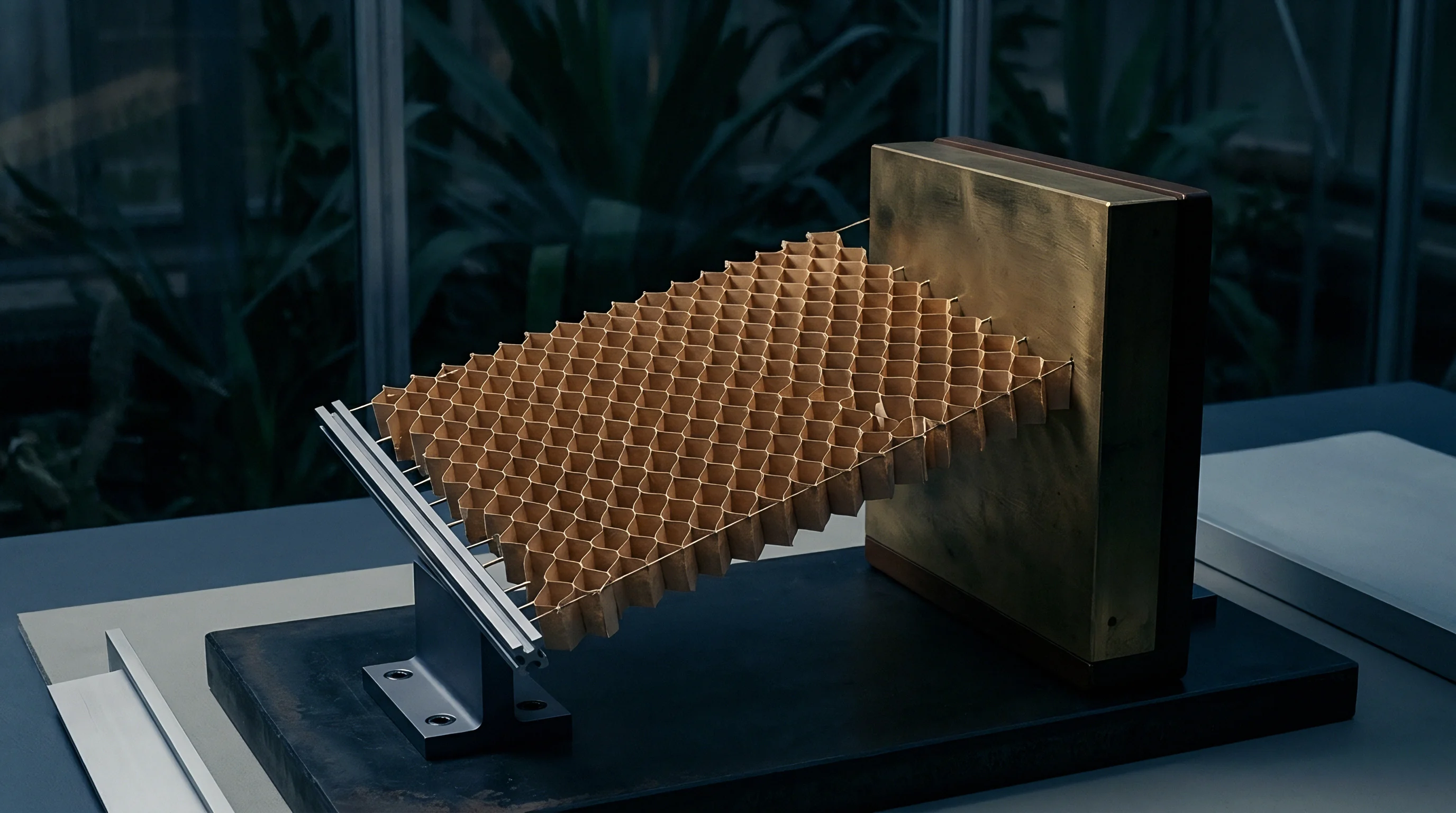 A paper honeycomb core material is anchored between a heavy metal support block and a mechanical clamp for structural analysis.