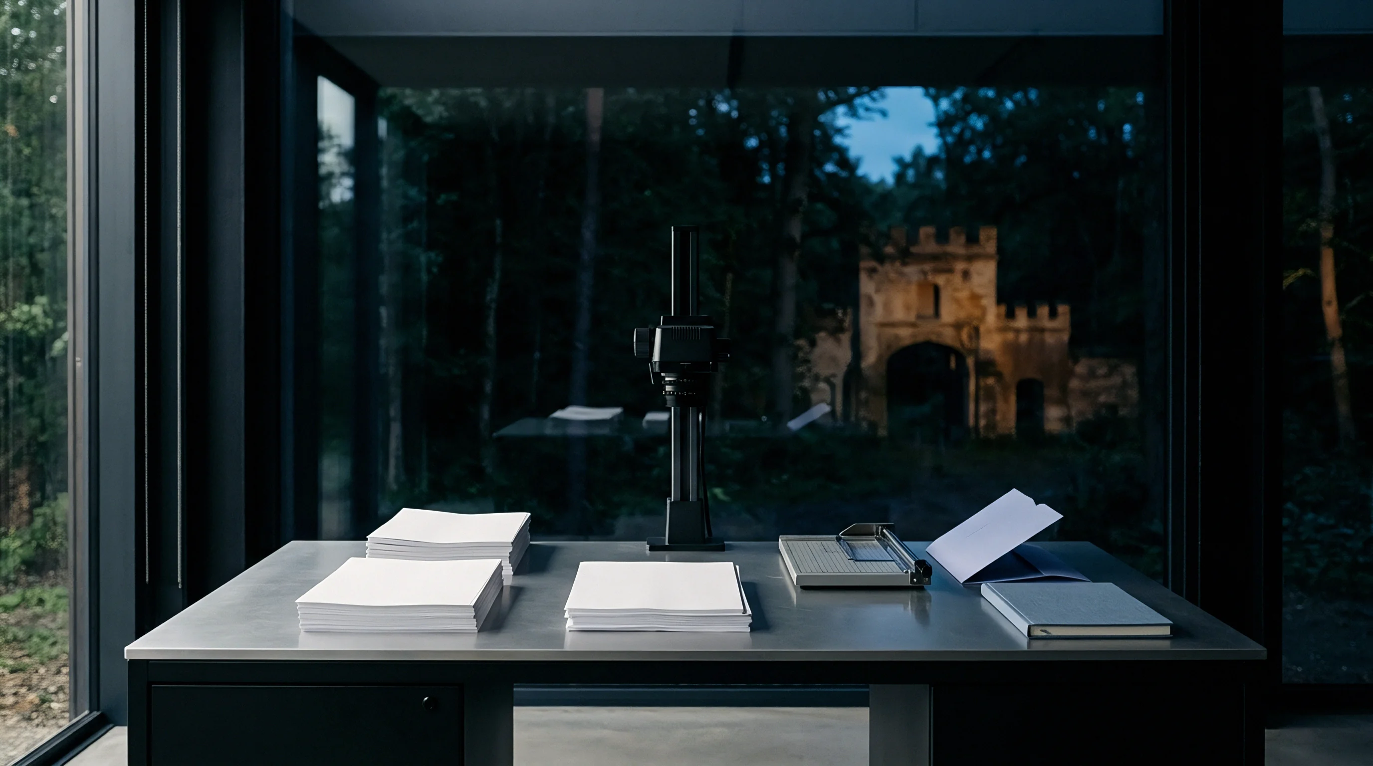 Stacks of white paper sheets a rotary paper cutter a notebook and a copy stand rest on a metal desk in a workshop.