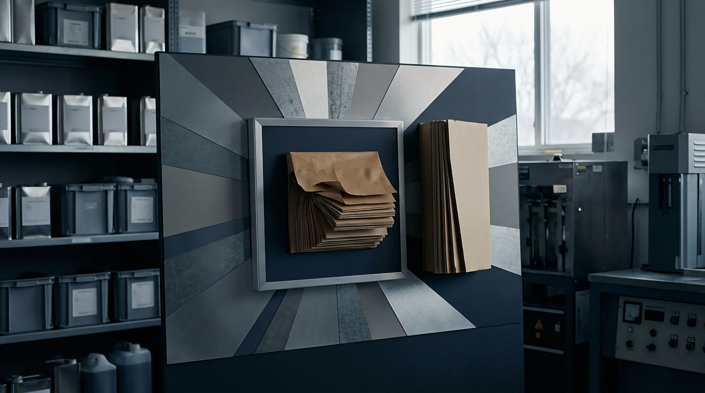 Layered kraft paper board samples are mounted on a geometric display board inside an industrial converting testing laboratory.