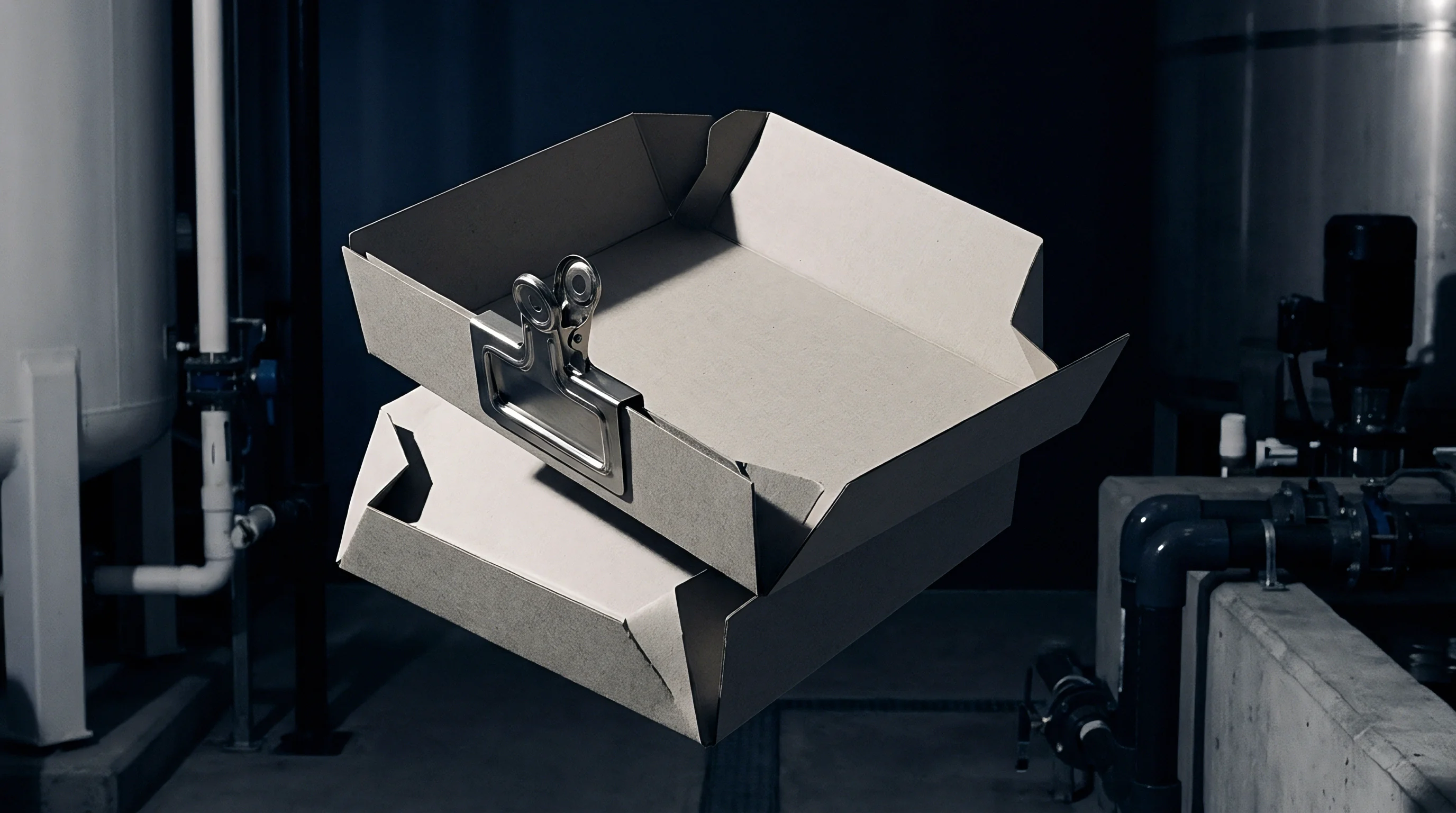 Digital render of an unfolded paperboard prototype secured by a metal binder clip suspended within a dimly lit industrial facility with stainless steel tanks.