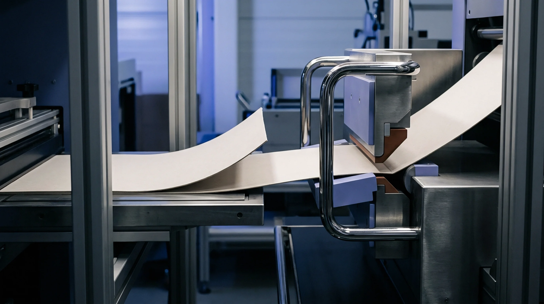 Thick white paperboard passes through a heavy metal creasing and folding assembly on an industrial converting line.